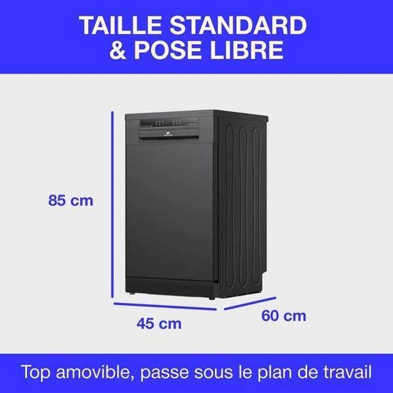 Lave-vaisselle pose libre 45 cm, 11 couverts, 45 dB, noir, 6 programmes, tiroir à couverts - Continental Edison - Image 8