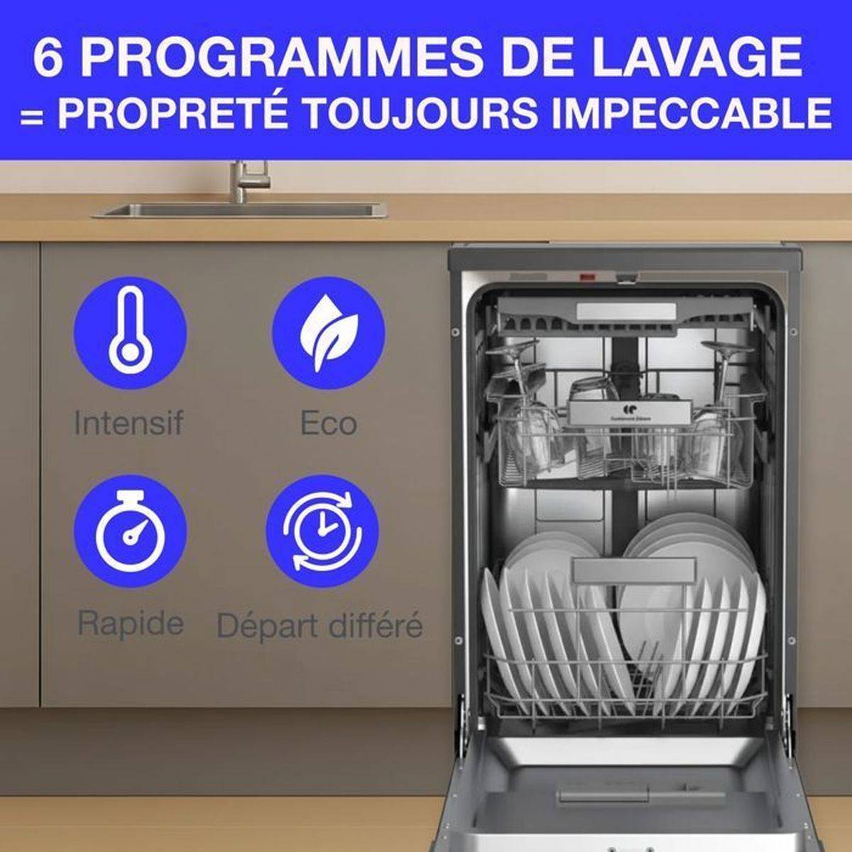 Lave-vaisselle pose libre 45 cm, 11 couverts, 45 dB, noir, 6 programmes, tiroir à couverts - Continental Edison - Image 2