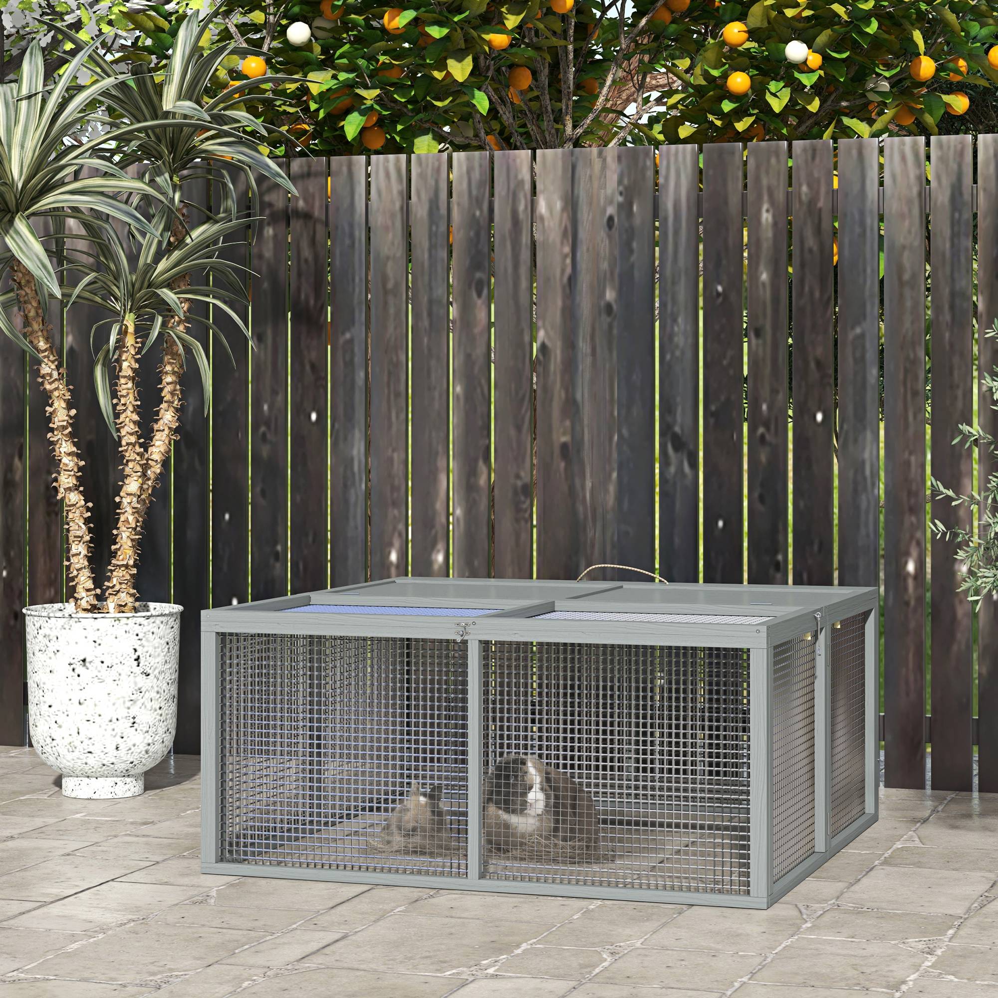 Clapier lapin pliable bois sapin intérieur extérieur avec poignée 110x105x50cm gris - ComfortXL Outdoor Living - Image 4