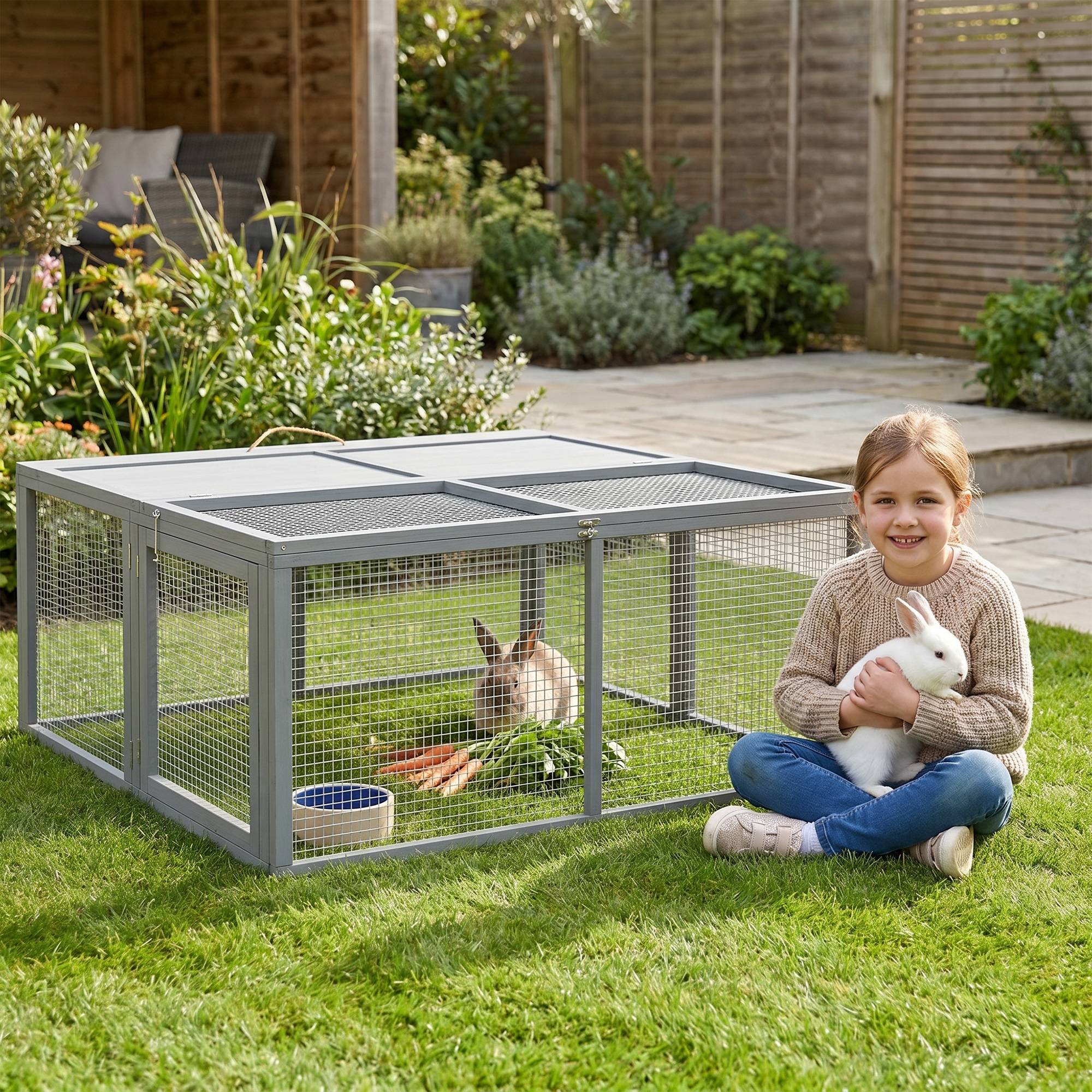 Clapier lapin pliable bois sapin intérieur extérieur avec poignée 110x105x50cm gris - ComfortXL Outdoor Living - Image 3