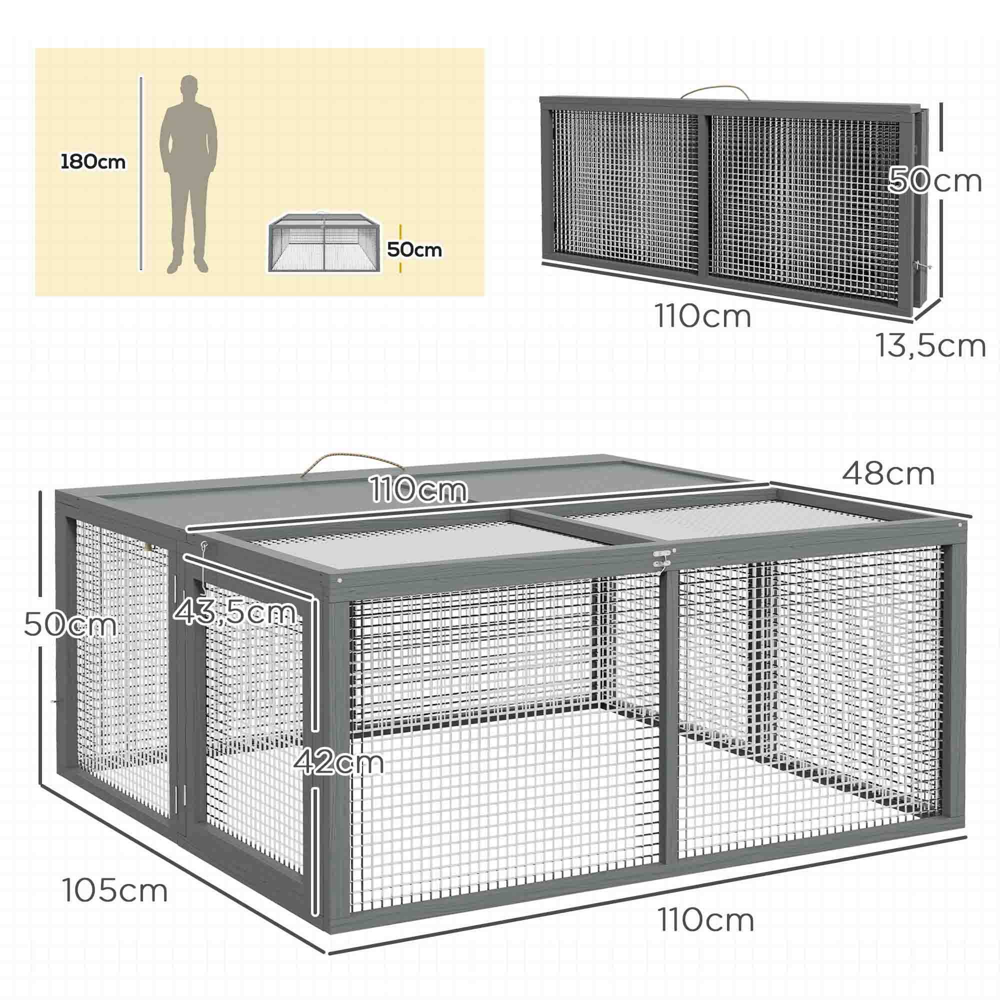 Clapier lapin pliable bois sapin intérieur extérieur avec poignée 110x105x50cm gris - ComfortXL Outdoor Living - Image 5