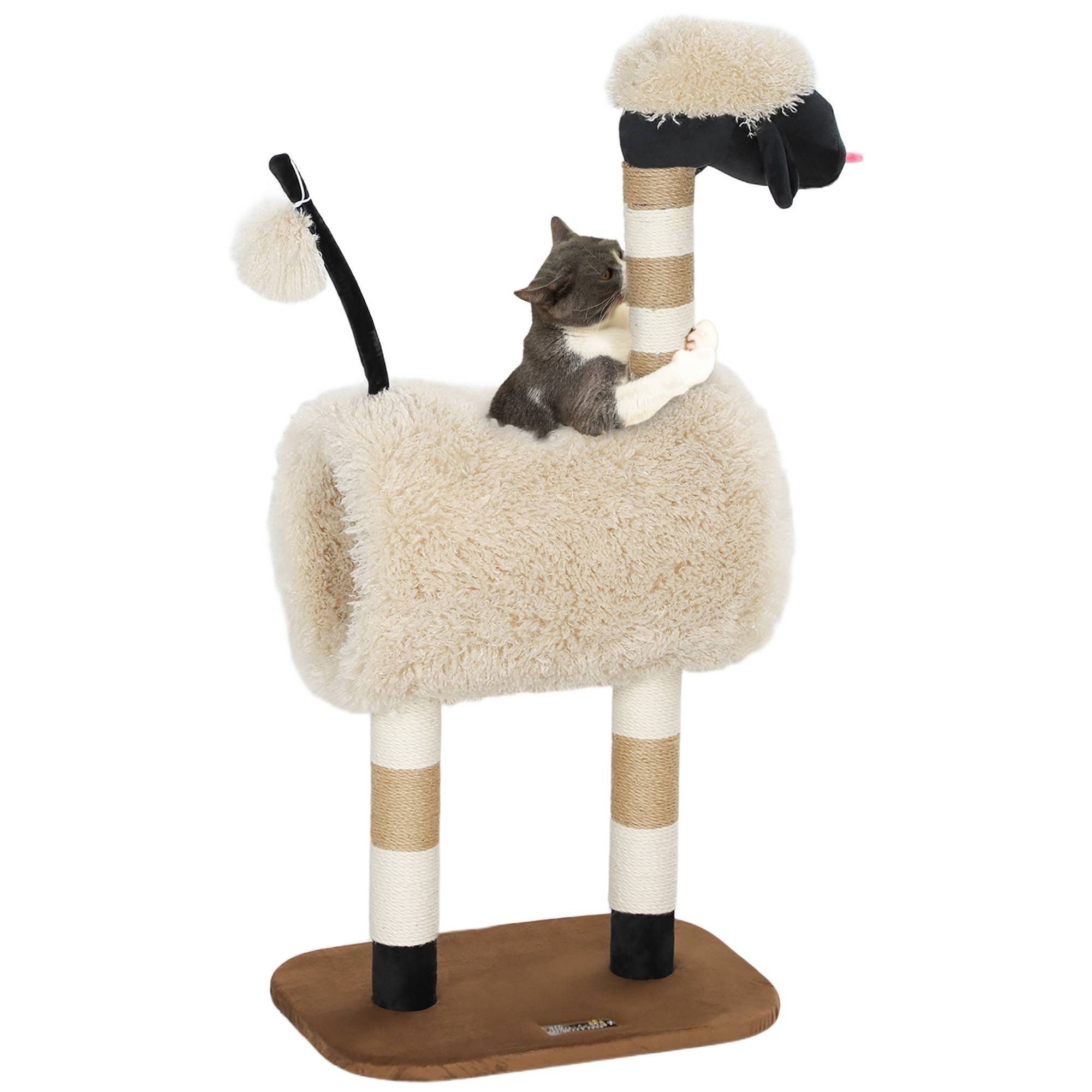 Arbre à chat design mouton, griffoirs, tunnel et jouet, 98 cm, brun clair