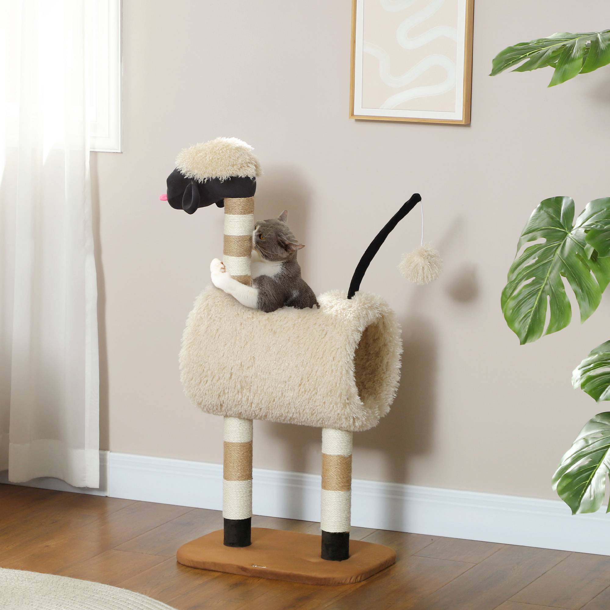 Arbre à chat design mouton, griffoirs, tunnel et jouet, 98 cm, brun clair - Image 4