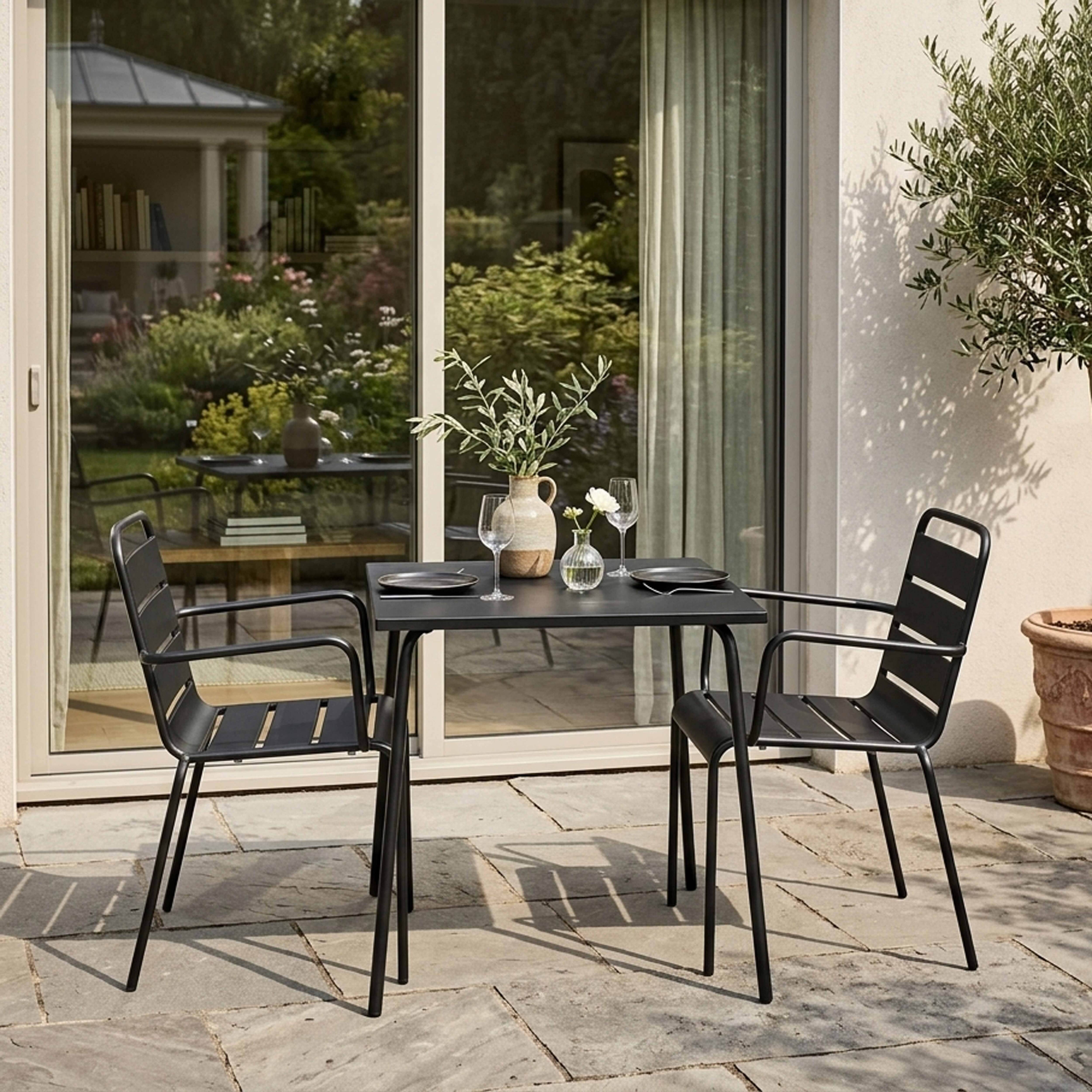 Oviala - Ensemble table de jardin carrée et 2 fauteuils acier gris Palavas - Oviala - Image 2