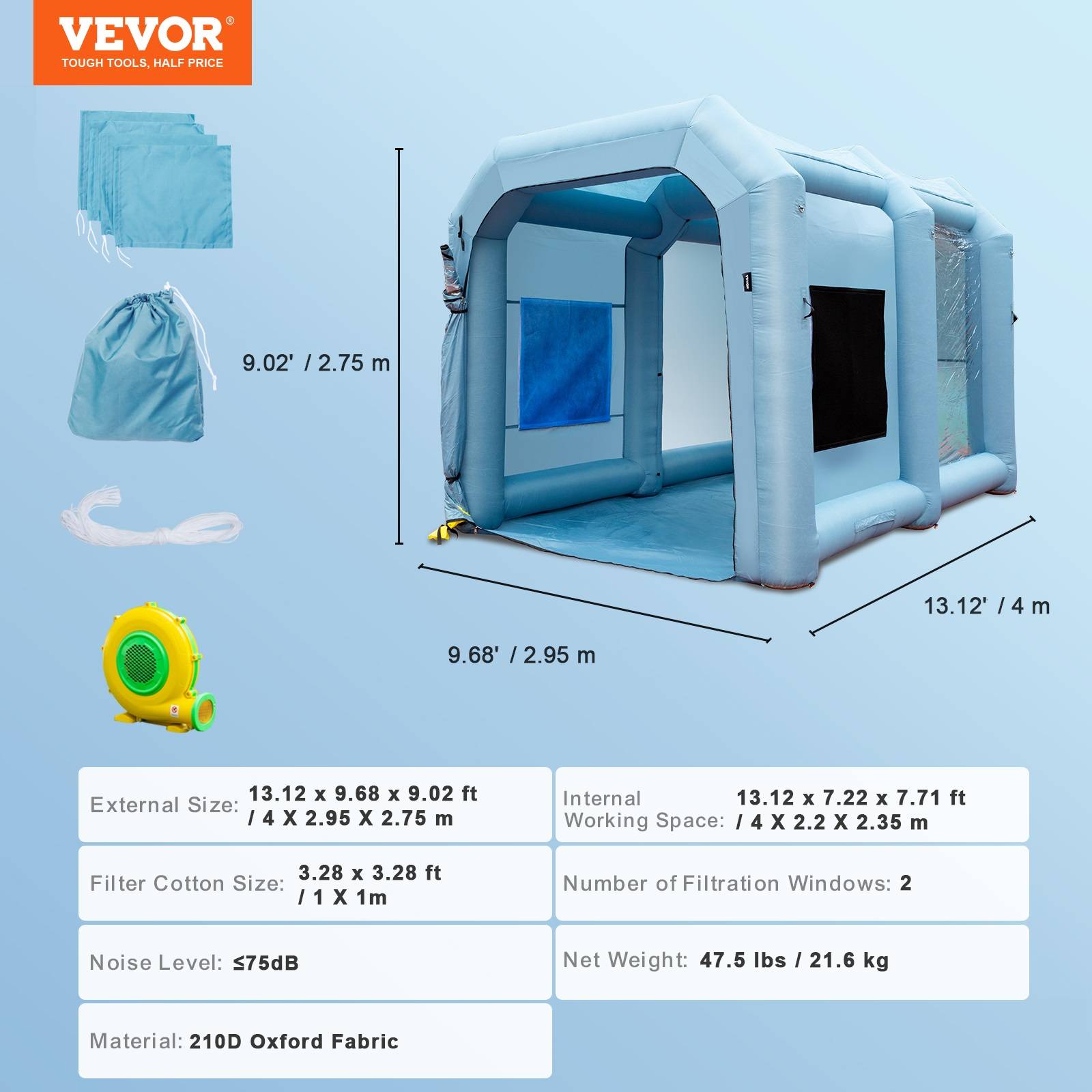 Vevor - VEVOR Cabine peinture gonflable 4x2.95x2.75m, Oxford 210D, souffleur 950W, filtration, atelier. - Image 7