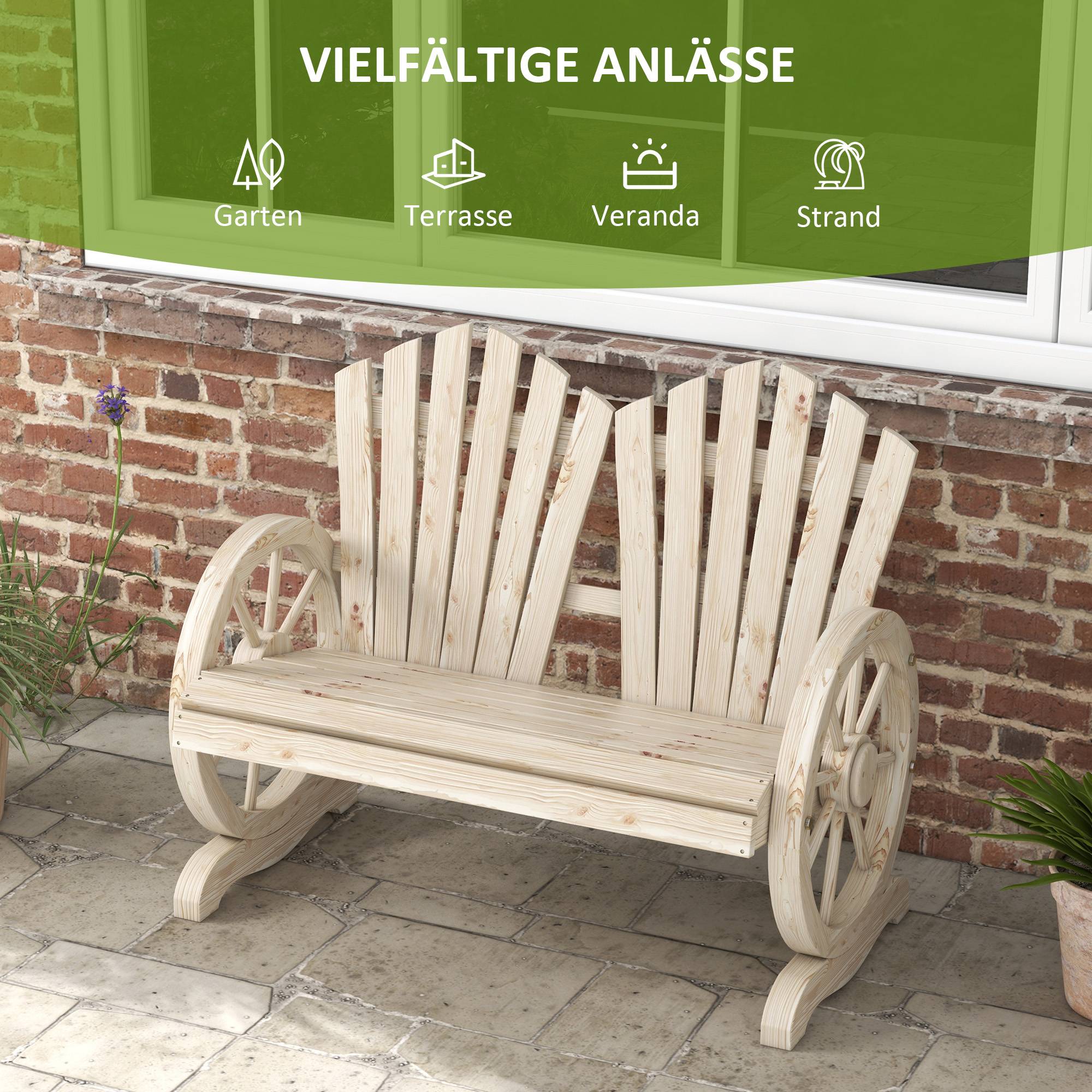 Banc de jardin, motif roue de chariot, pour 2 personnes, en bois naturel - Image 9