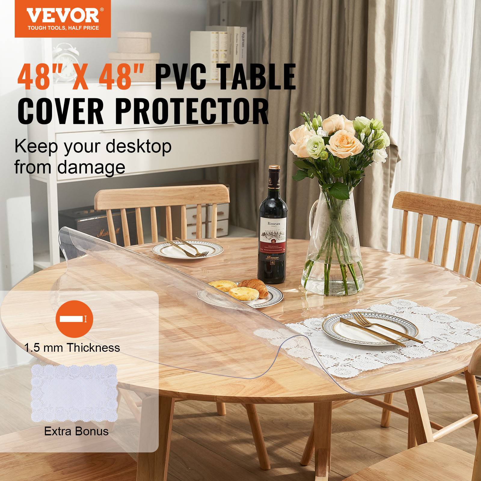 VEVOR Nappe Ronde Transparente Film de Table en PVC 123 cm Protection de Table - Image 2