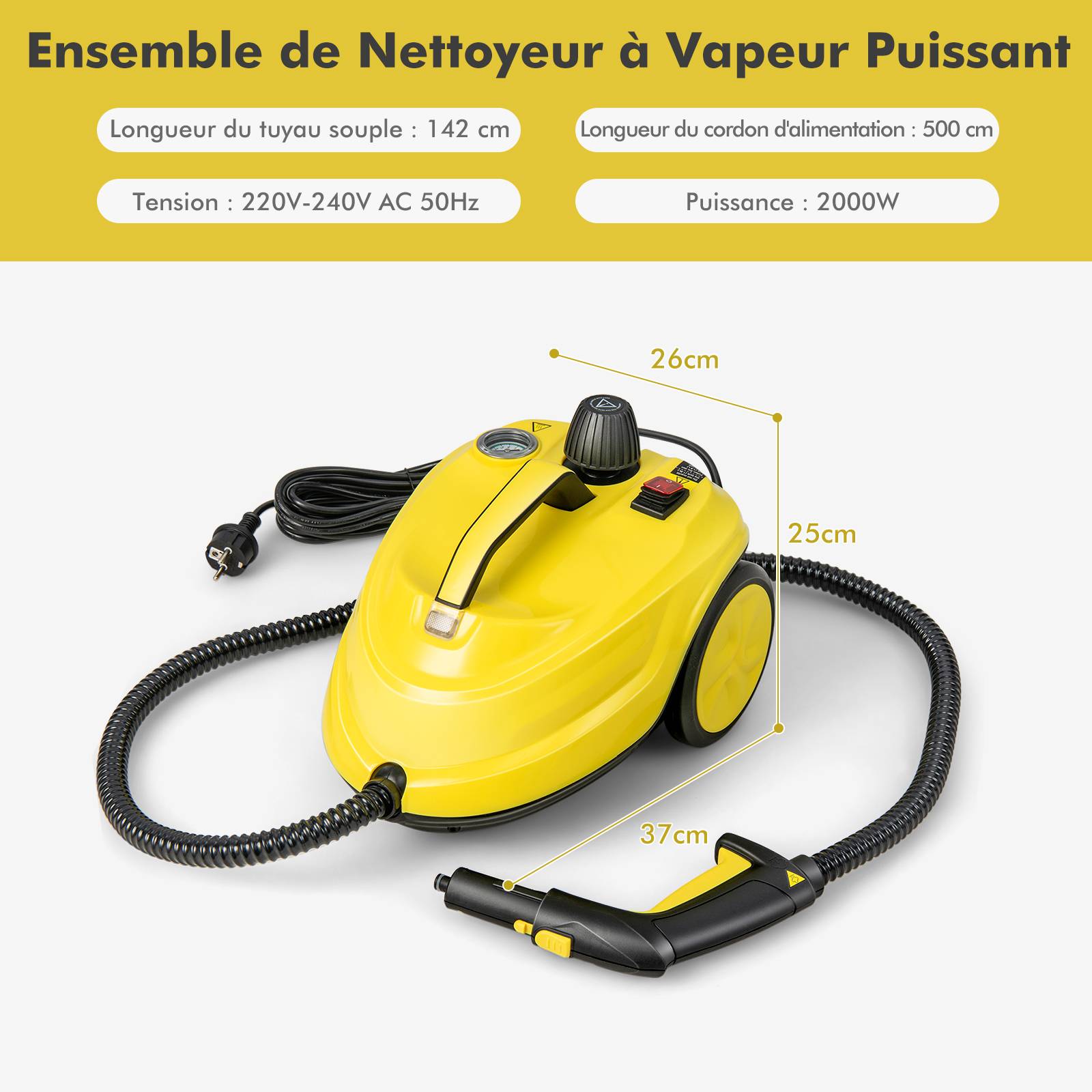 Nettoyeur Vapeur Polyvalent de 2000W avec 13 Accessoires et Manomètres, Balai Vapeur à Roulettes 5 Bars avec Réservoir de 1,8 L, Jaune - Image 2