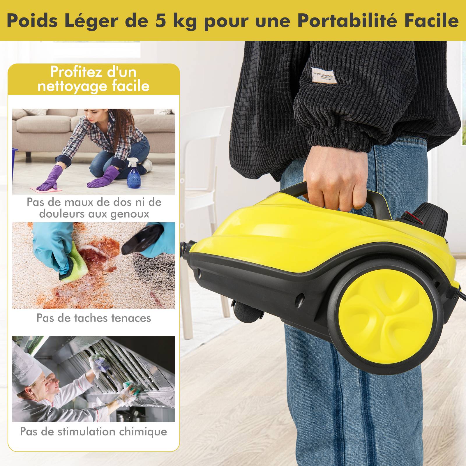 Nettoyeur Vapeur Polyvalent de 2000W avec 13 Accessoires et Manomètres, Balai Vapeur à Roulettes 5 Bars avec Réservoir de 1,8 L, Jaune - Image 6