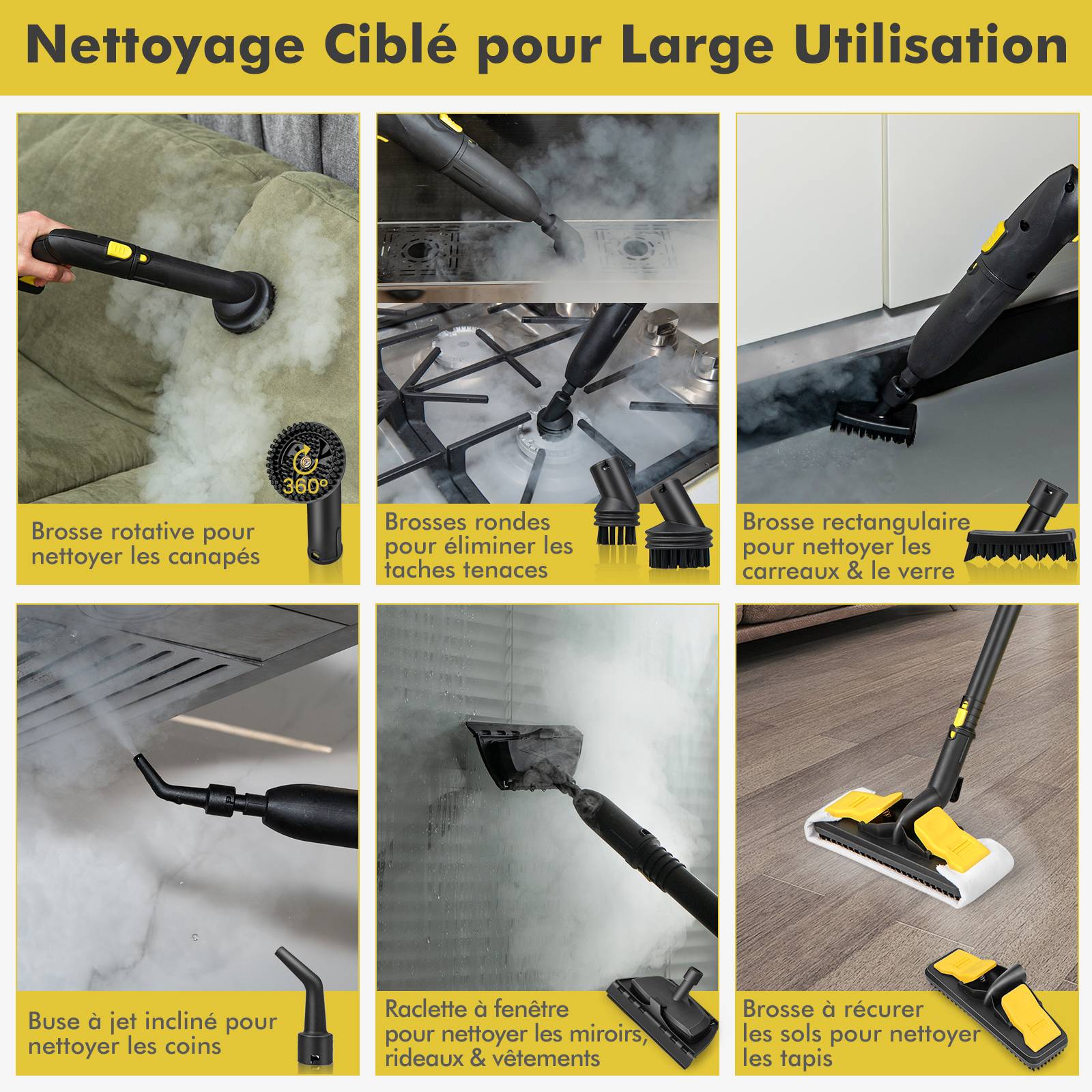 Nettoyeur Vapeur Polyvalent de 2000W avec 13 Accessoires et Manomètres, Balai Vapeur à Roulettes 5 Bars avec Réservoir de 1,8 L, Jaune - Image 4