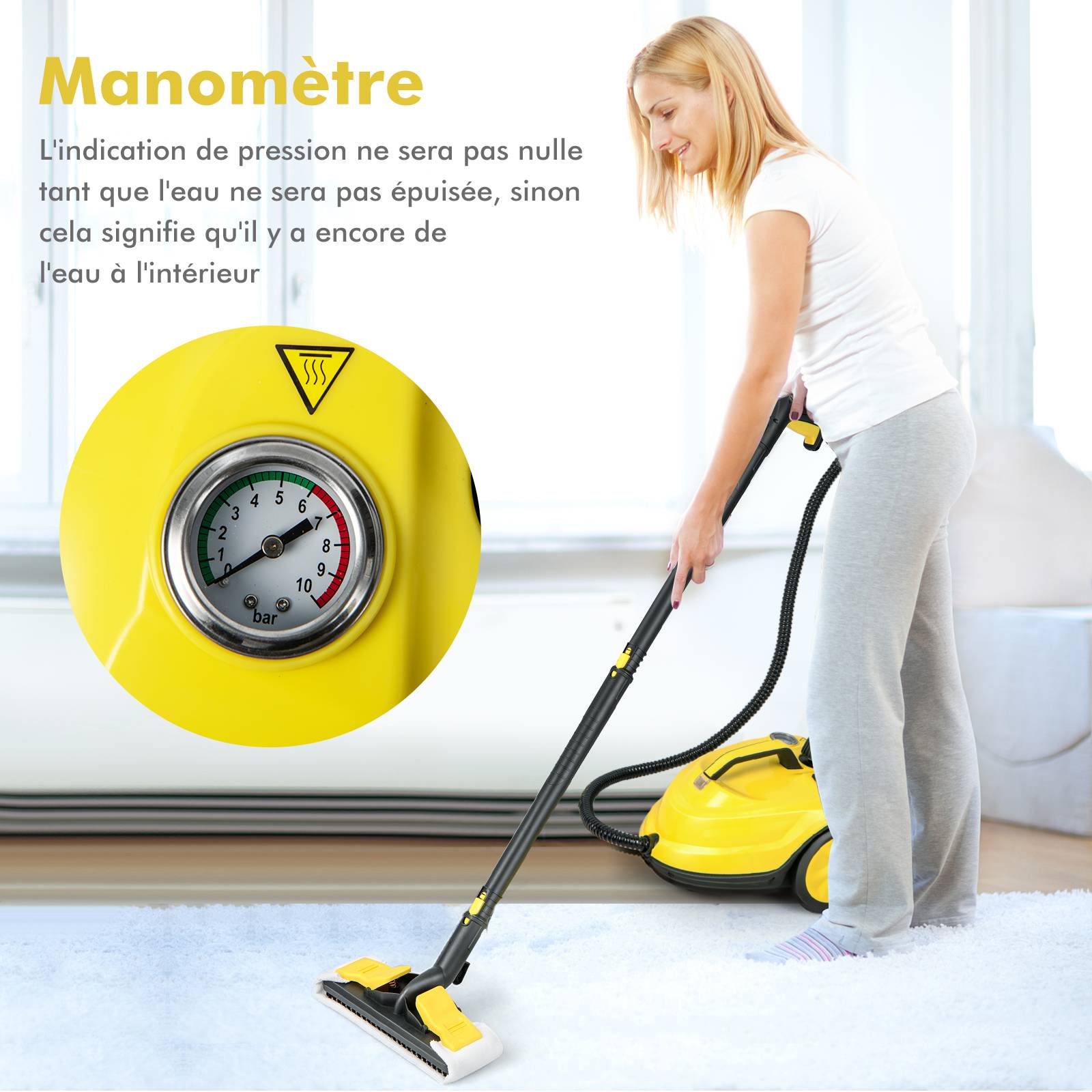 Nettoyeur Vapeur Polyvalent de 2000W avec 13 Accessoires et Manomètres, Balai Vapeur à Roulettes 5 Bars avec Réservoir de 1,8 L, Jaune - Image 1