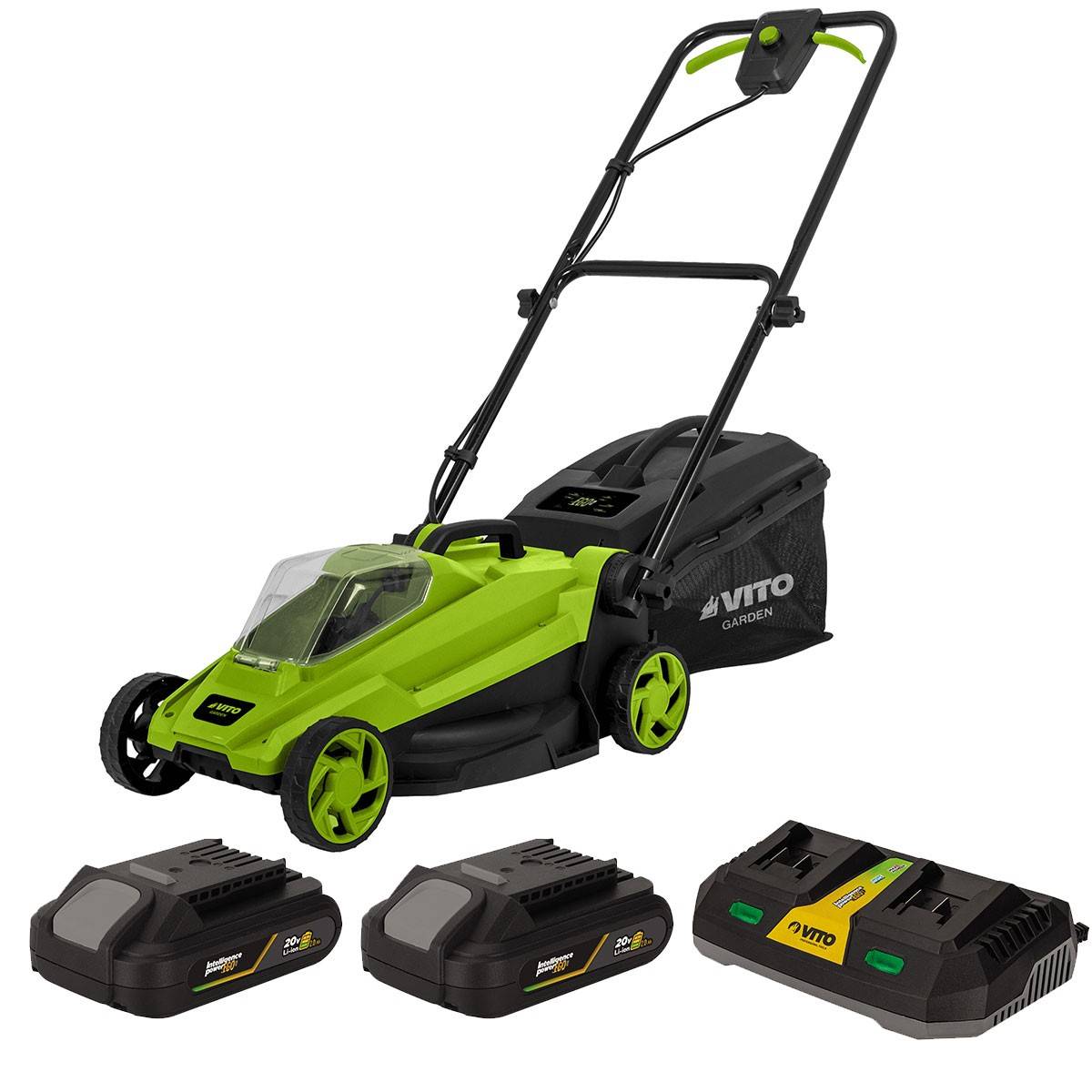 Tondeuse à gazon 20V - 2 Batteries lithium 2.0Ah Chargeur double Bac 30L Gazon 300m2 VITO - Imagen 1