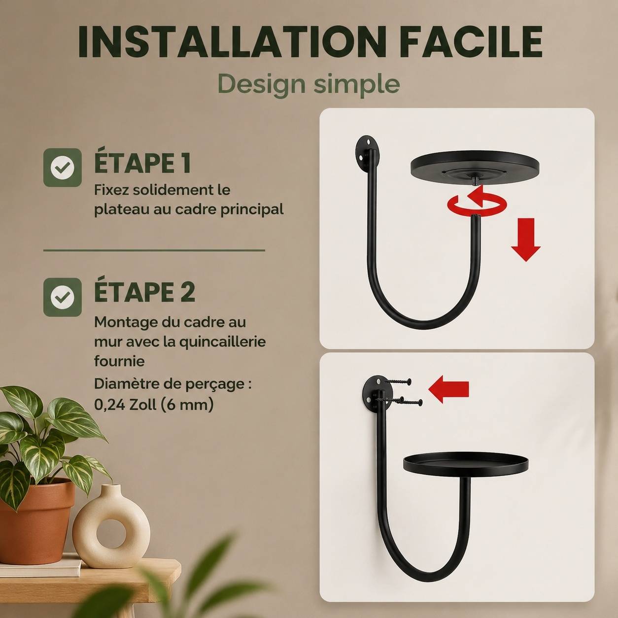 Lot de 3 Supports Muraux Métal Noir Pour Plantes Décoration Intérieure Extérieure - Image 2