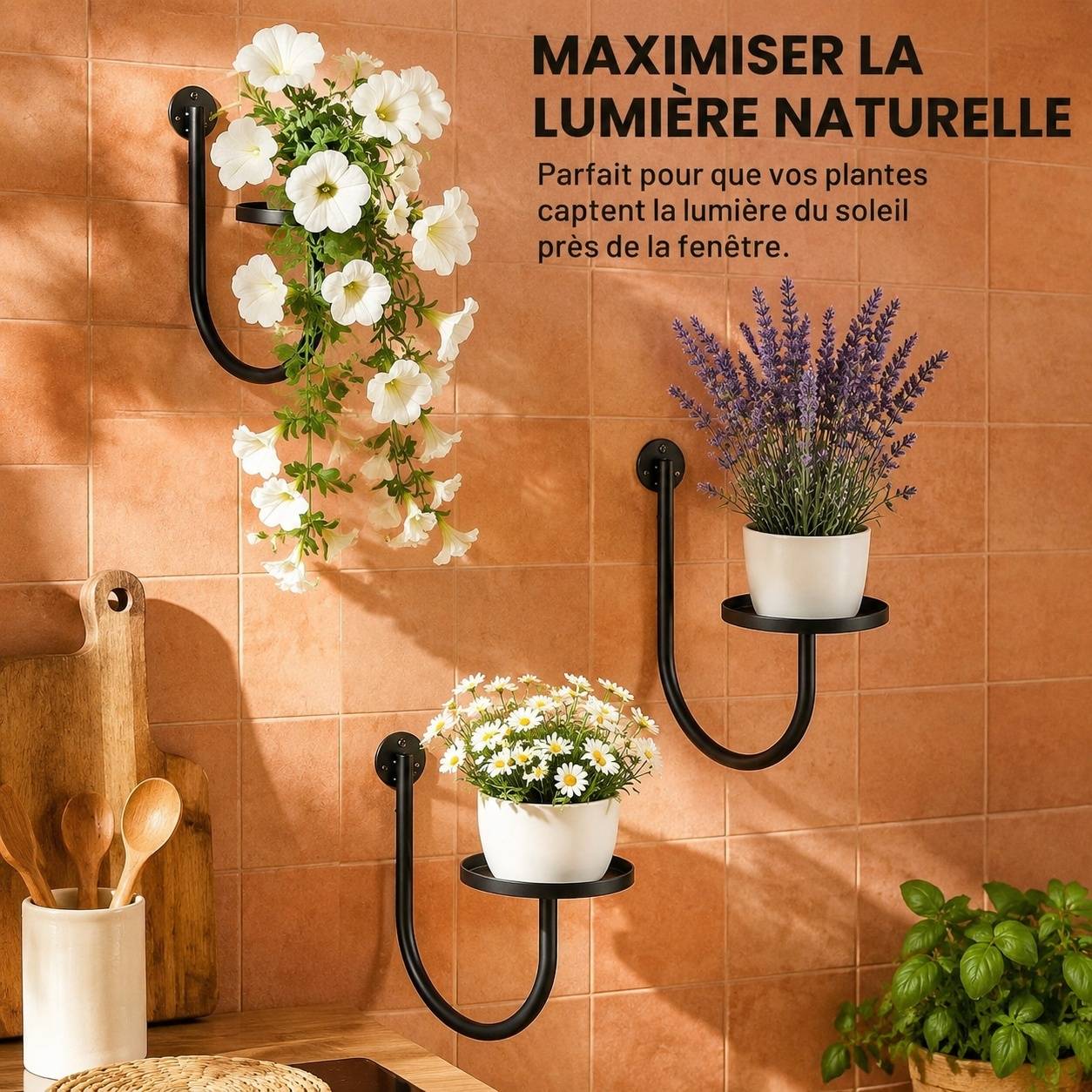 Lot de 3 Supports Muraux Métal Noir Pour Plantes Décoration Intérieure Extérieure - Image 7
