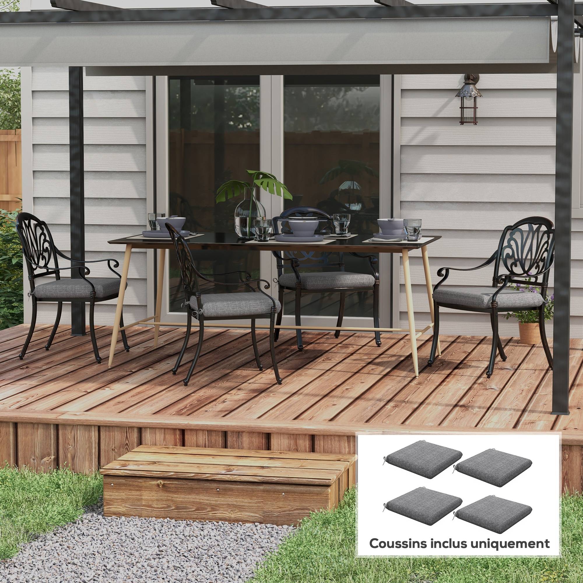 Lot de 4 galettes de chaise jardin tissu fil teint assise confortable 47x47 cm gris - ComfortXL Outdoor Living - Image 4
