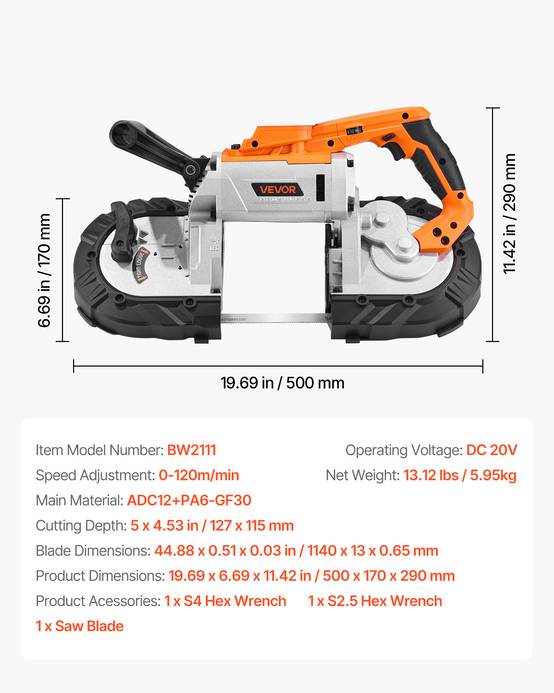 VEVOR Scie ruban portative 20V, coupe 12.7cm, sans balais, vitesse variable, métal bois. - Image 7