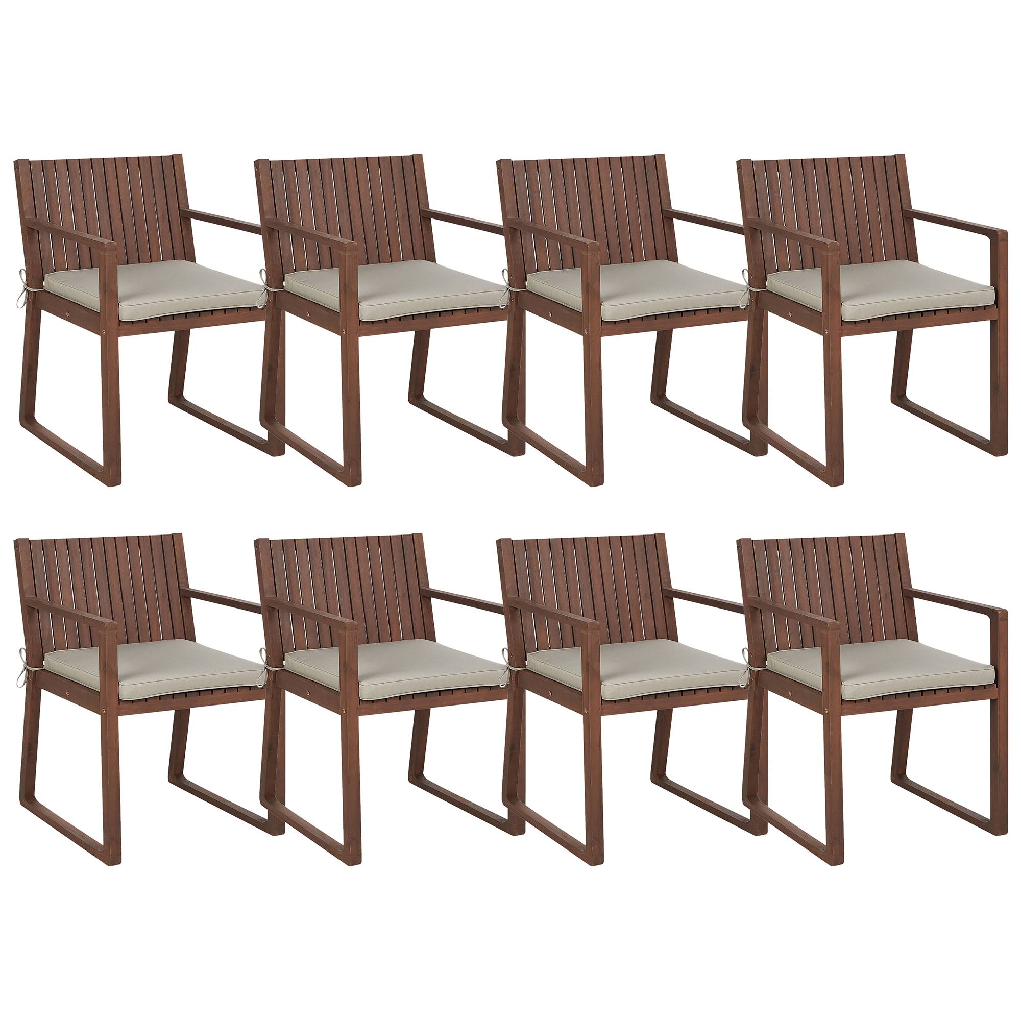 Beliani - Set 8 Chaises de Salle à Manger Extérieur en Bois d'Acacia Foncé avec Coussins Taupe Jardin Rustique - Imagen 1