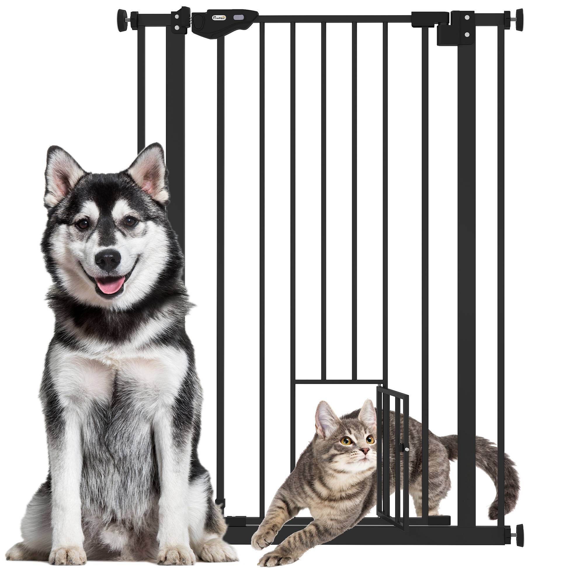 Barrière pour chien, double verrouillage, porte auto-fermante, 104 cm haut, acier, noir - Image 1