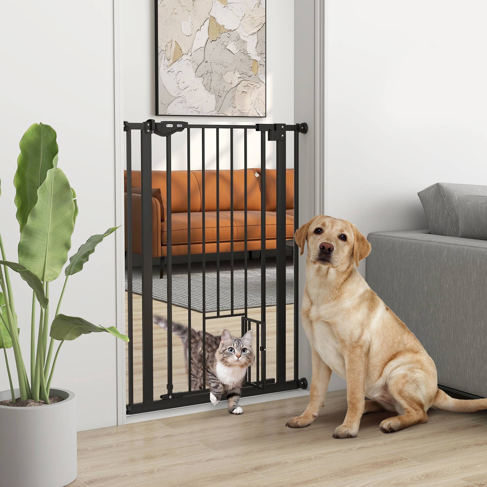 Barrière pour chien, double verrouillage, porte auto-fermante, 104 cm haut, acier, noir - Image 3