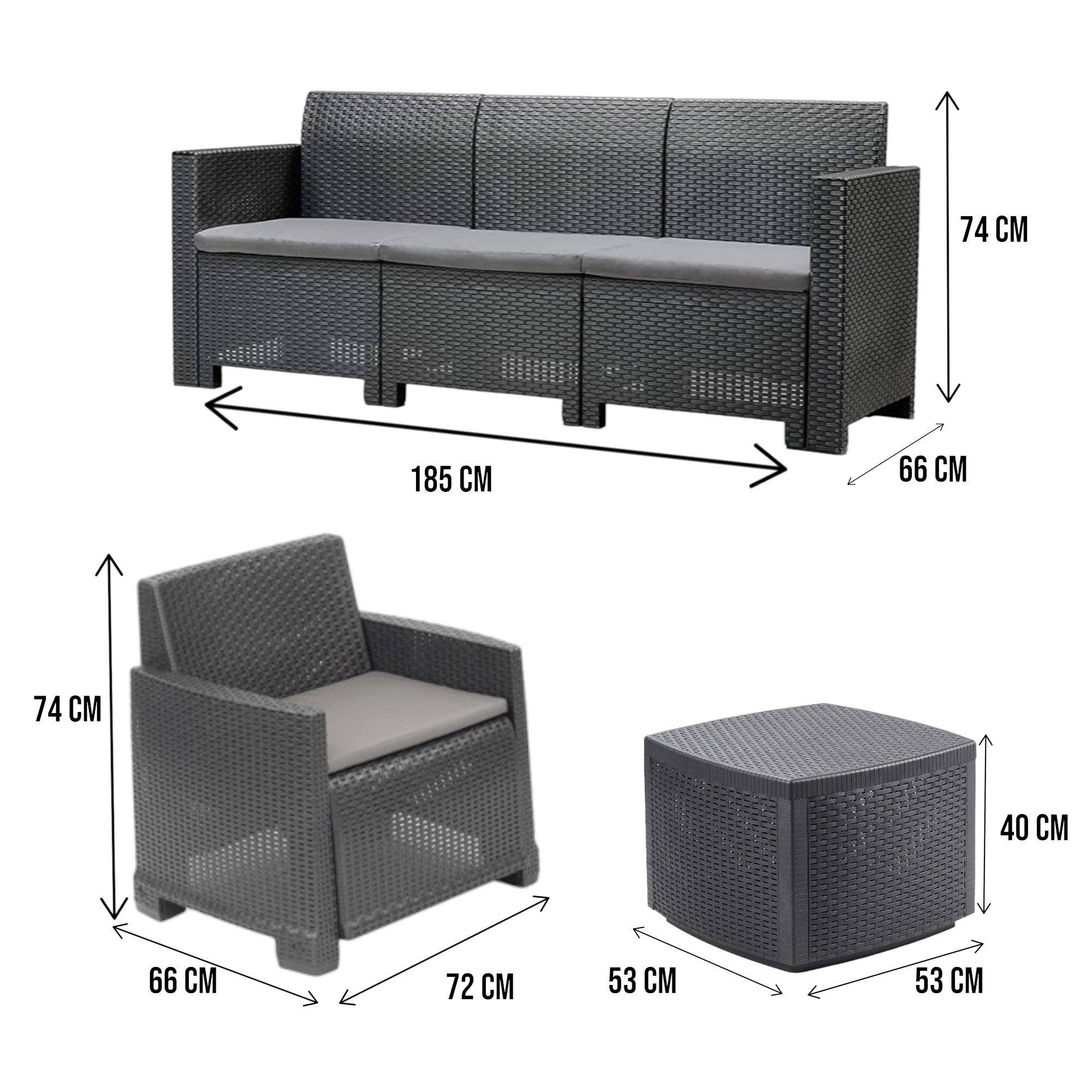 Dmora - Salon d'extérieur Dbellucc, Composition de jardin avec 2 fauteuils, 1 canapé et 1 table de rangement, Effet rotin avec coussins, Anthracite - Dmora - Imagen 3