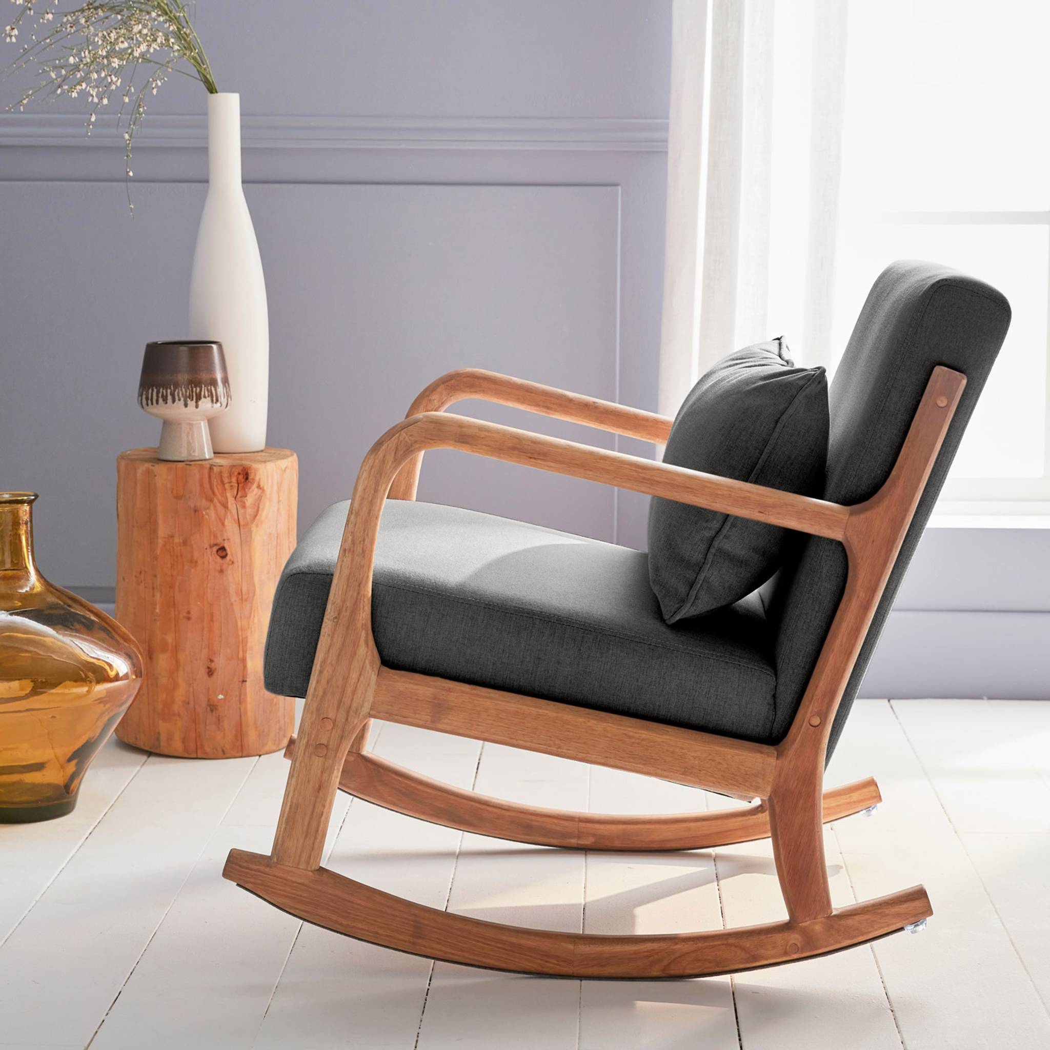 sweeek - Fauteuil à bascule design en bois et tissu. 1 place. rocking chair scandinave. gris foncé | sweeek - Image 7