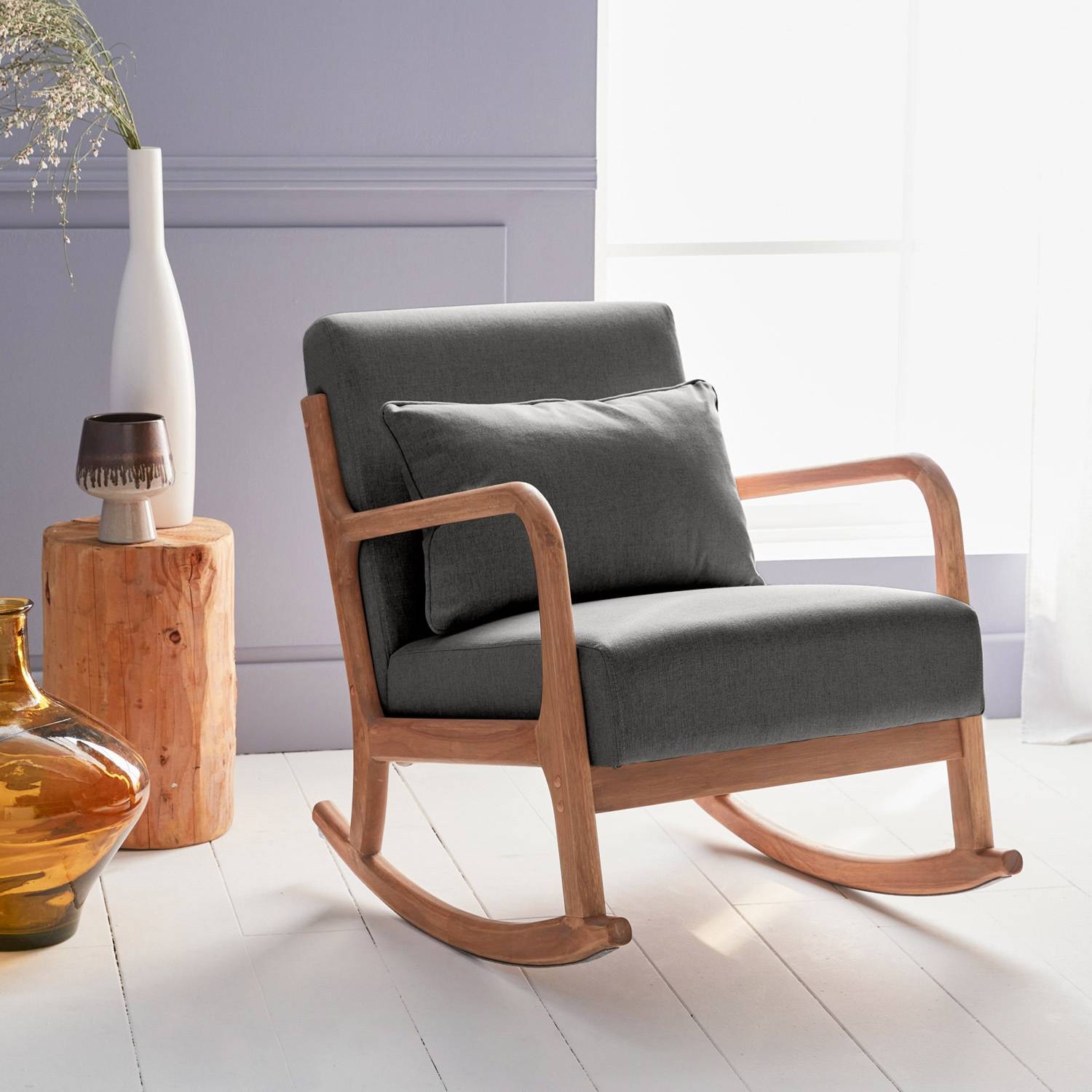 sweeek - Fauteuil à bascule design en bois et tissu. 1 place. rocking chair scandinave. gris foncé | sweeek - Image 1