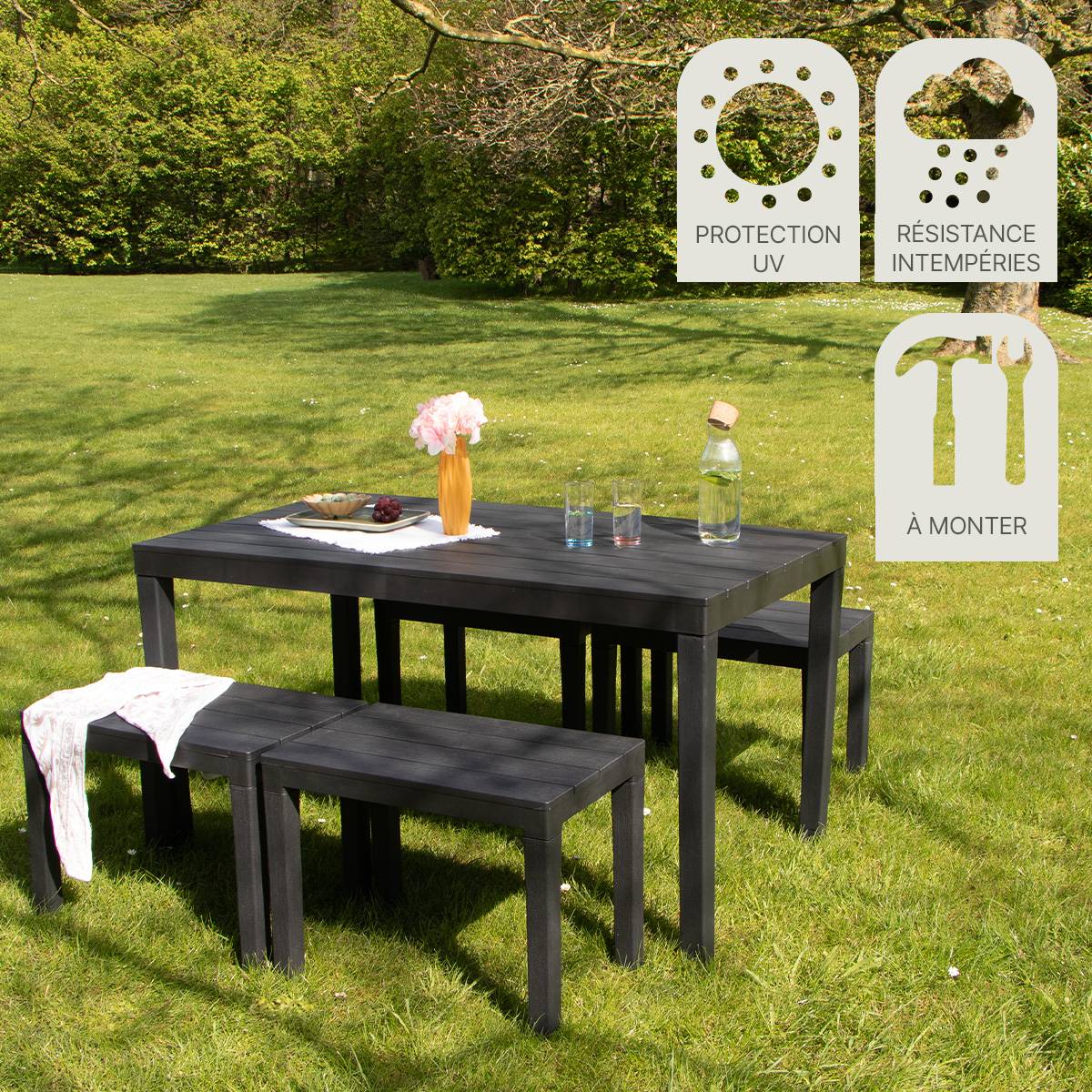 Wilsa Garden - Salon de jardin en résine anthracite avec 4 bancs SAMOA - Imagen 8