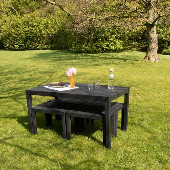 Wilsa Garden - Salon de jardin en résine anthracite avec 4 bancs SAMOA - Imagen 5