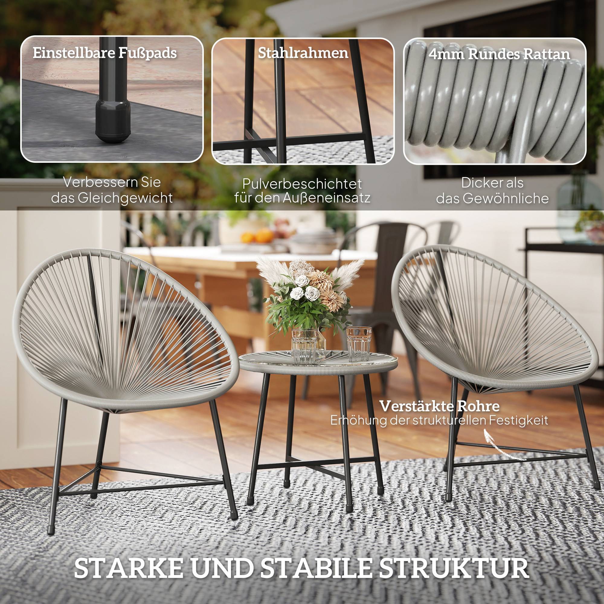 ComfortXL - Salon de jardin 3 pièces résine PE grise 2 places fauteuils ovales table en verre pour balcon et terrasse - Image 7