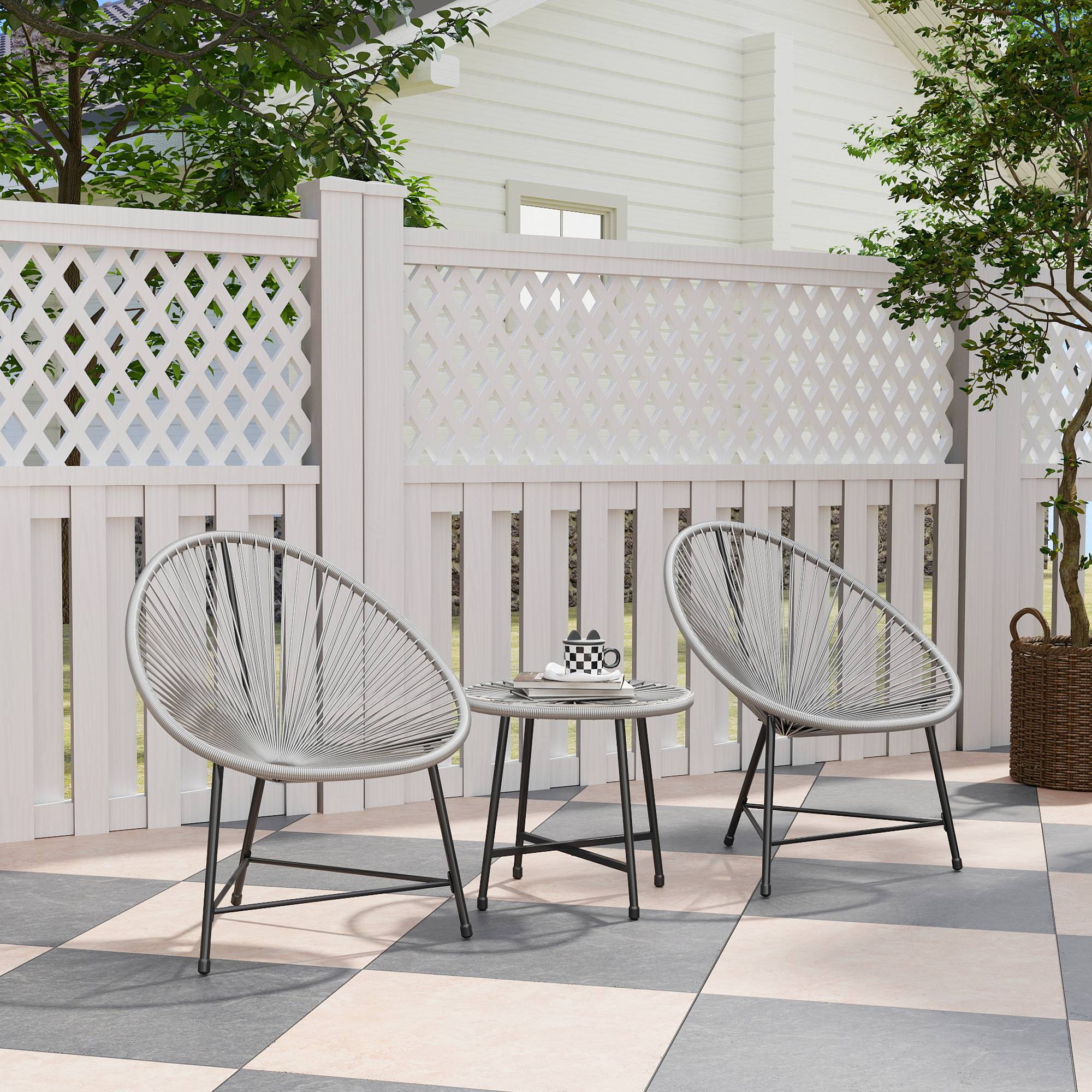 ComfortXL - Salon de jardin 3 pièces résine PE grise 2 places fauteuils ovales table en verre pour balcon et terrasse