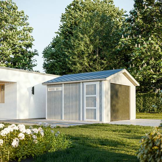Timbela - Garage Qualité Premium 13 m² / L378xl412 cm - garage pour moto, vélos, machines de jardinage - Timbela M990B-TUNDRA GREY - Image 1