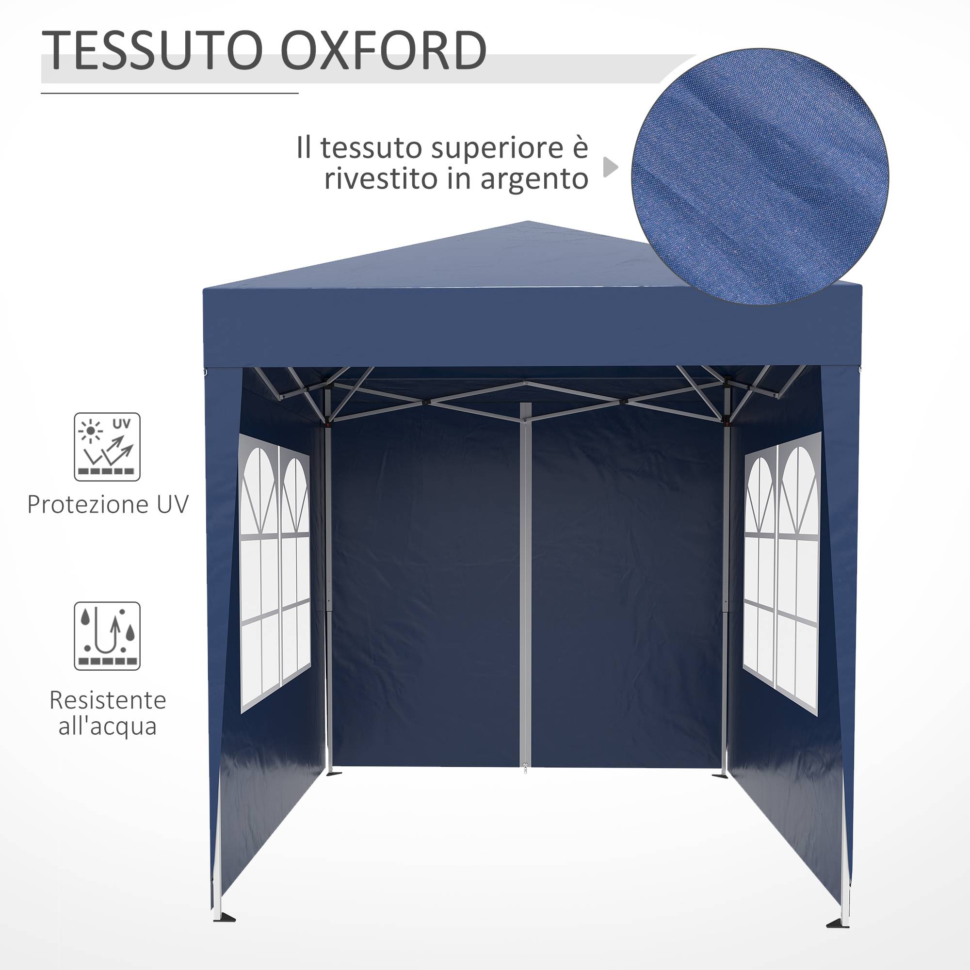 Tonnelle pliante 2x2m avec 4 parois amovibles en polyester et acier, bleue - Image 9