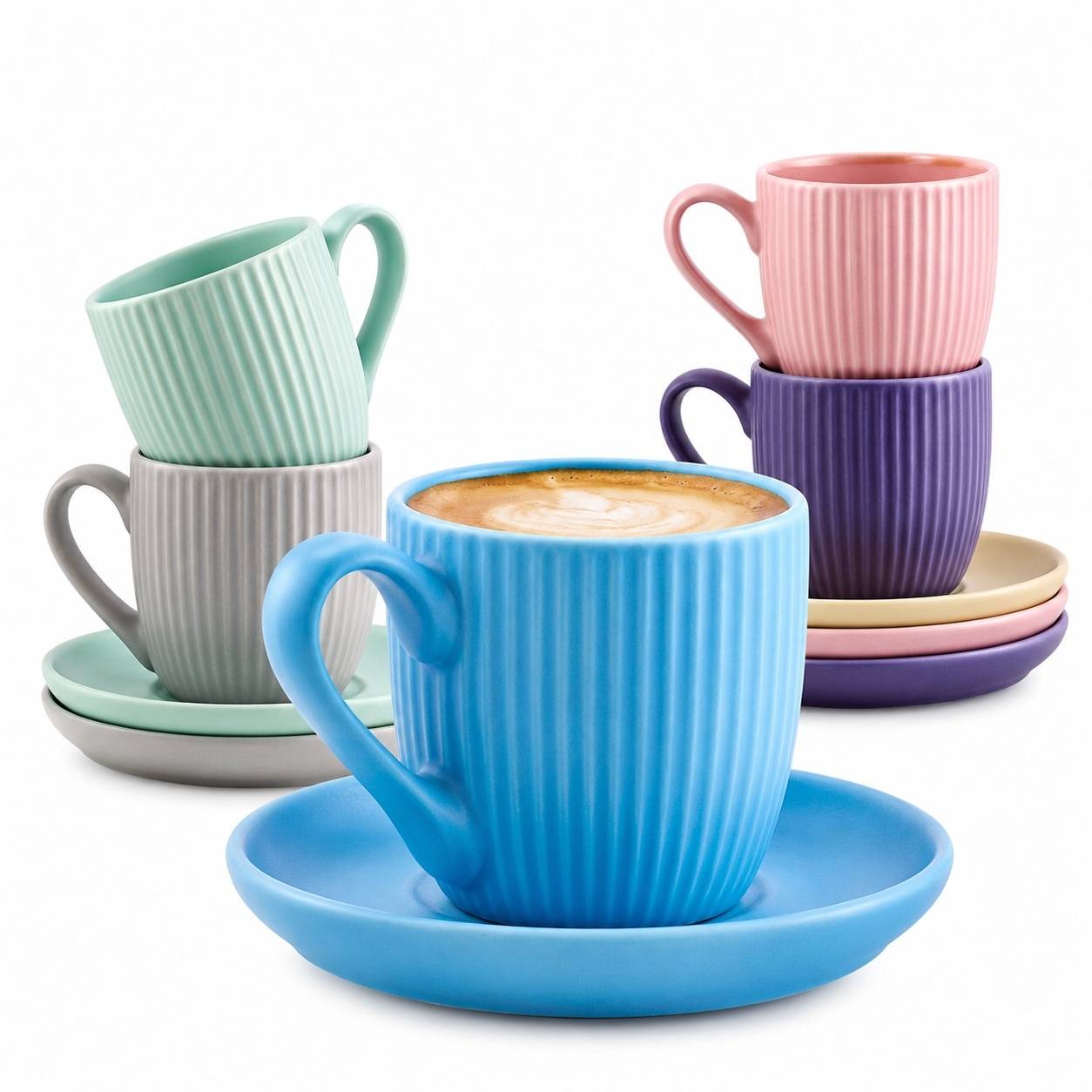Set 6 Tasses Espresso Pastel 90 ml Avec Sous-tasses - Image 1