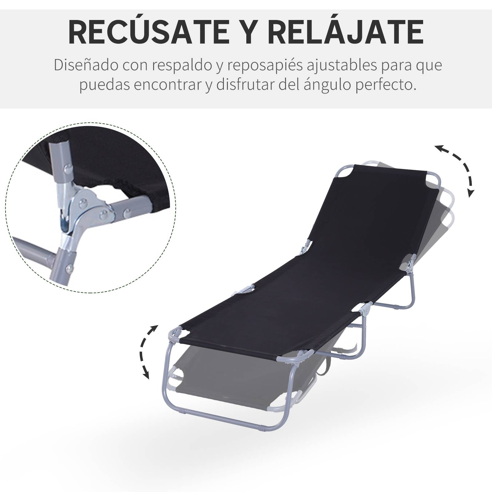 Transat de jardin pliable avec dossier réglable 5 positions, charge maximale 120 kg, pour terrasse, 187 x 55 x 24 cm, noir - Image 6