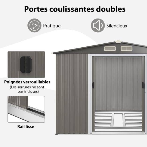 Helloshop26 - Abri de jardin métal extérieur 9,74m³ acier galvanisé avec fondation 4 persiennes double porte et rampe 260 x 207 x 181 cm - Imagen 3