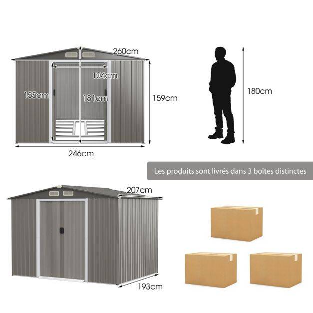 Helloshop26 - Abri de jardin métal extérieur 9,74m³ acier galvanisé avec fondation 4 persiennes double porte et rampe 260 x 207 x 181 cm - Imagen 4