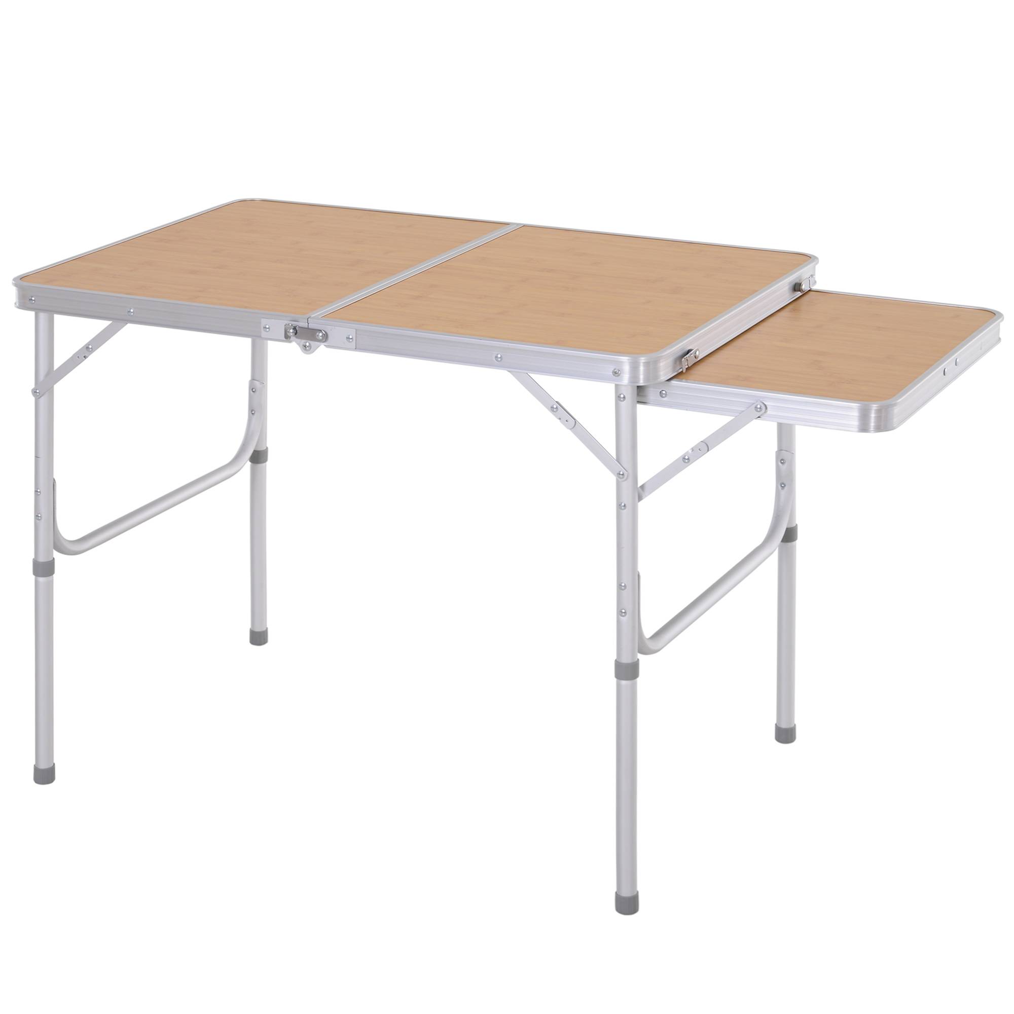 Table de camping pliante avec rallonge alu. MDF imitation bambou