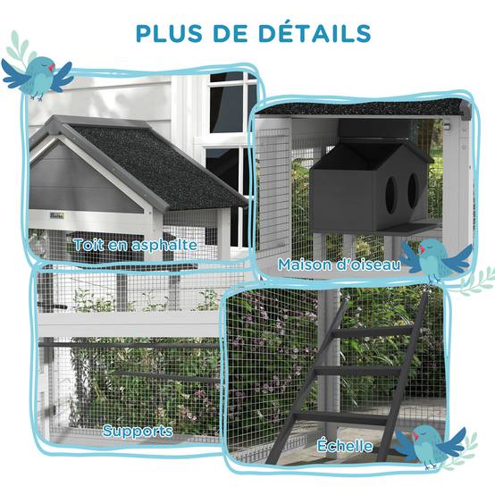 Cage à oiseaux en bois cage perroquet aire de jeux toit asphalte imperméable 92 x 52 x 171 cm gris - Image 9