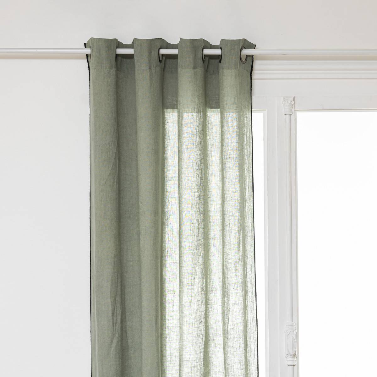 Atmosphera - Lot de 2 Rideaux à œillets en Lin Vert Céladon avec surpiqûre noire 130 x 260 cm - Imagen 2
