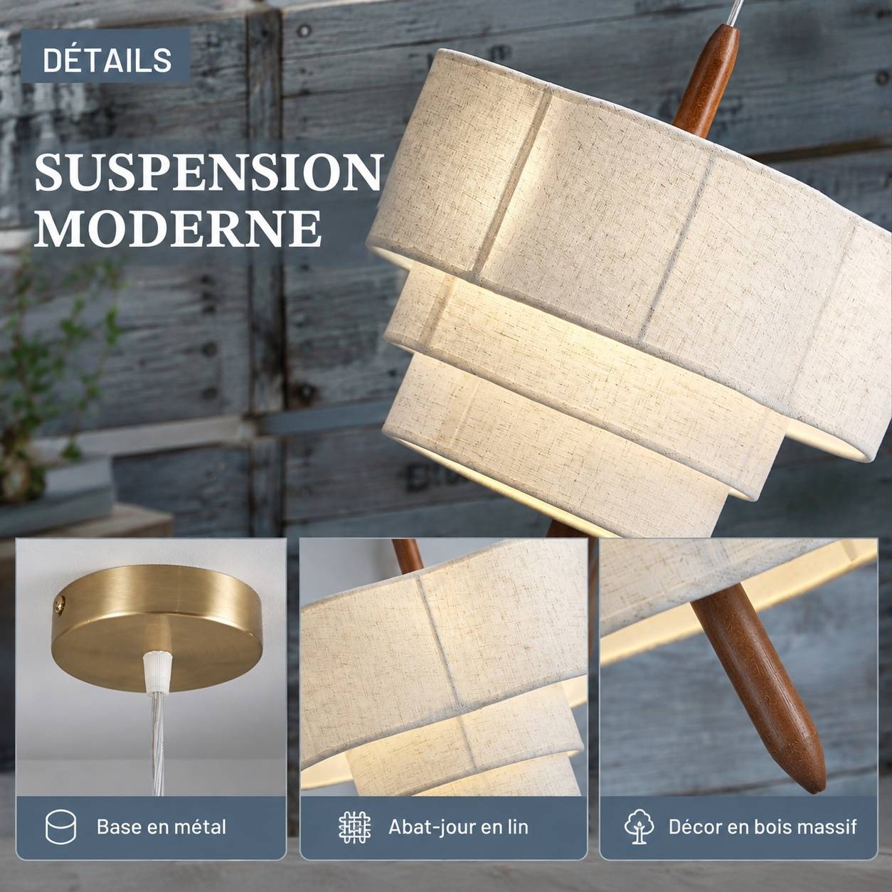 Suspension Moderne 3 Niveaux Lin Metal Bois Hauteur Reglable - Image 3