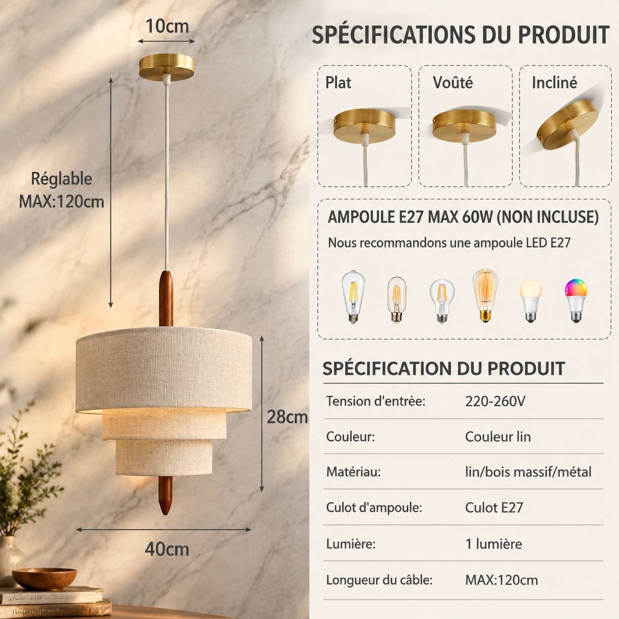 Suspension Moderne 3 Niveaux Lin Metal Bois Hauteur Reglable - Image 2