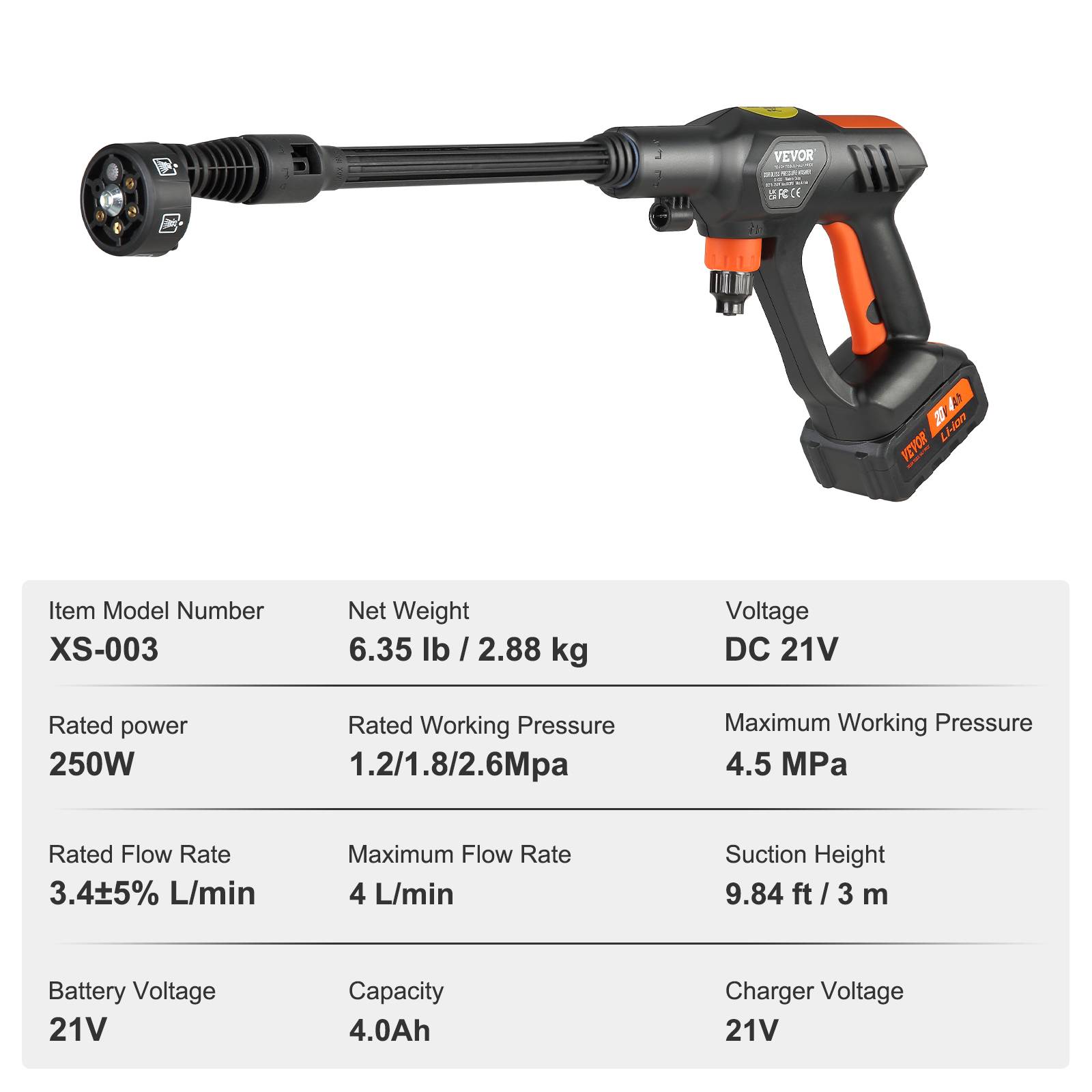 VEVOR Nettoyeur haute pression sans fil 21V 652 PSI, 4 L/min, batterie 4.0Ah, pour terrasse, jardin, voiture. - Image 7