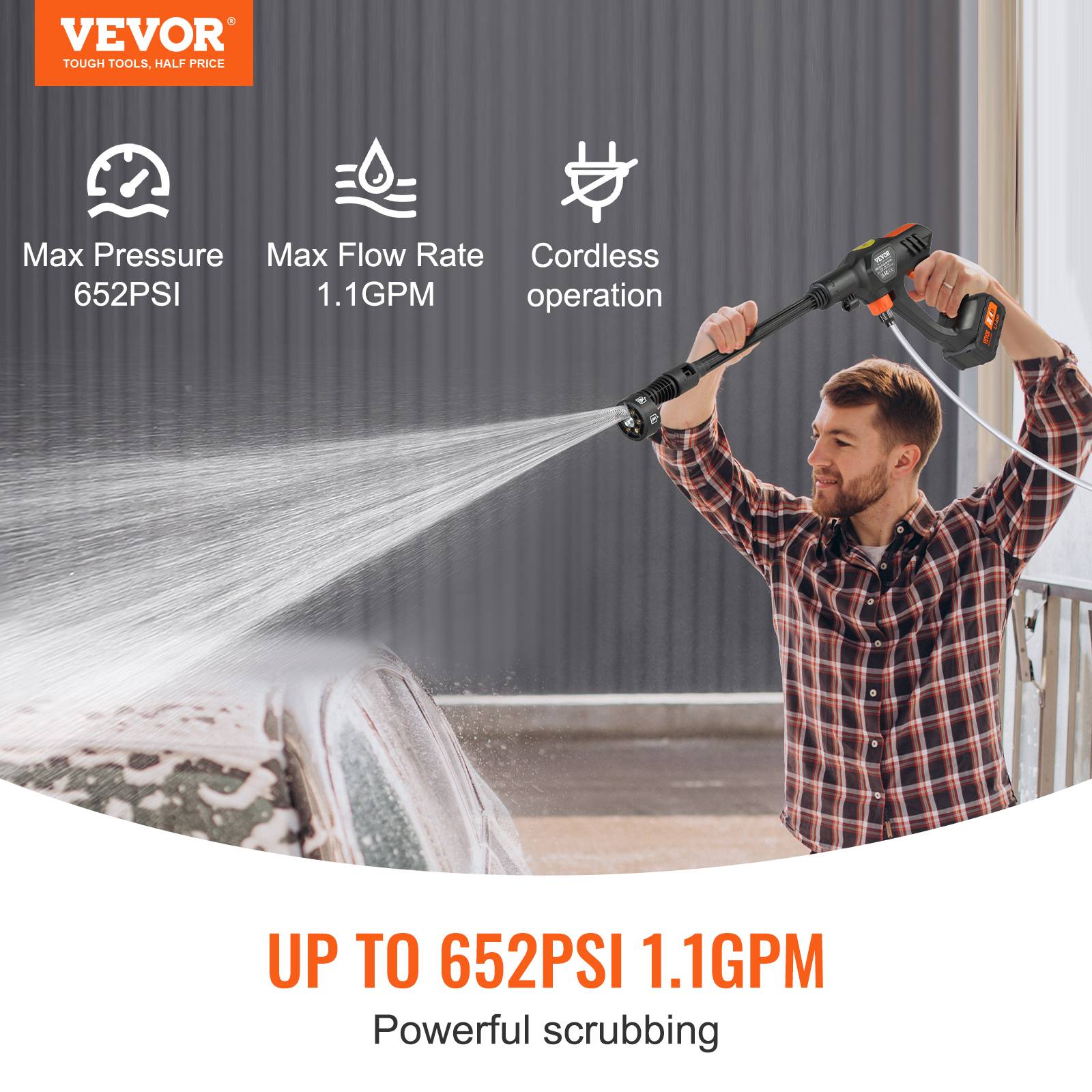 VEVOR Nettoyeur haute pression sans fil 21V 652 PSI, 4 L/min, batterie 4.0Ah, pour terrasse, jardin, voiture. - Image 2