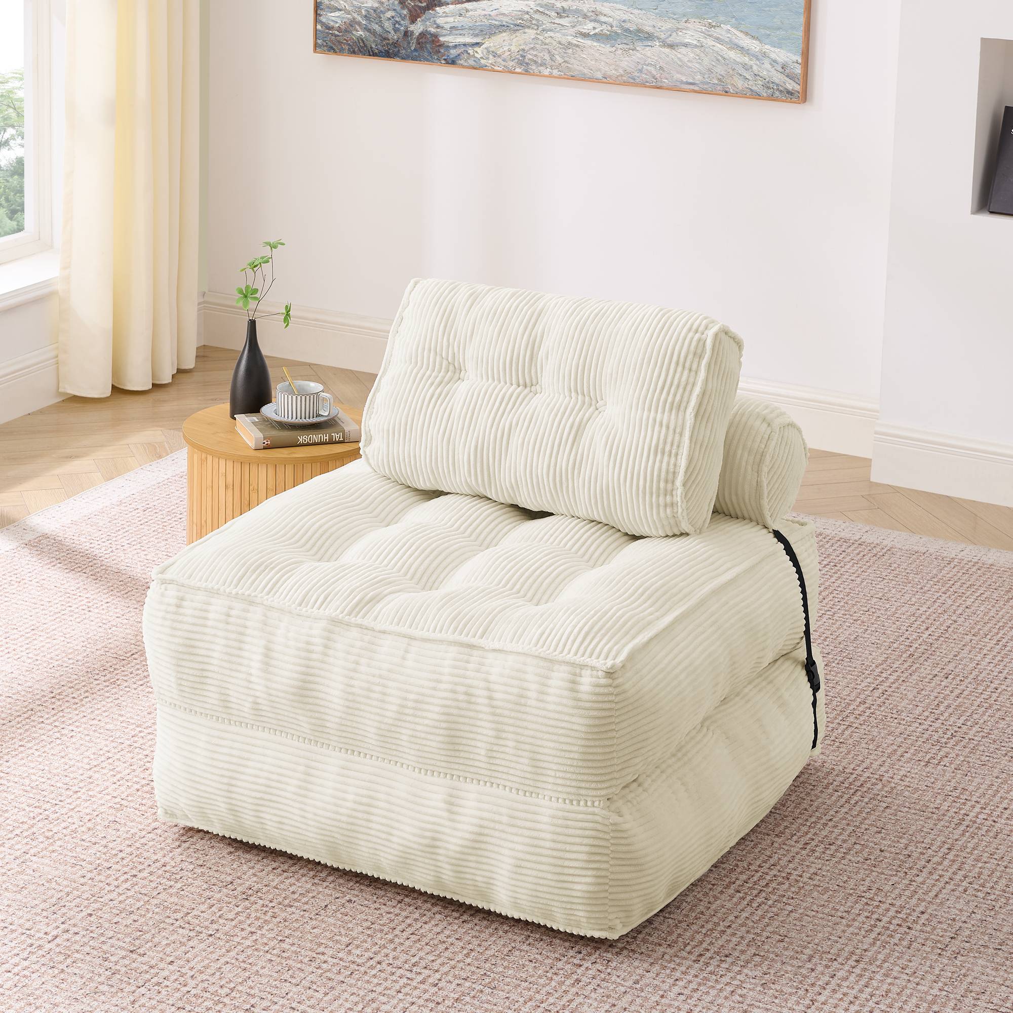Fauteuil de Sol Pliable 2-en-1 en Cord, Dossier Réglable, Canapé Convertible et Lit d’Appoint pour Salon et Chambre, Beige - Image 5