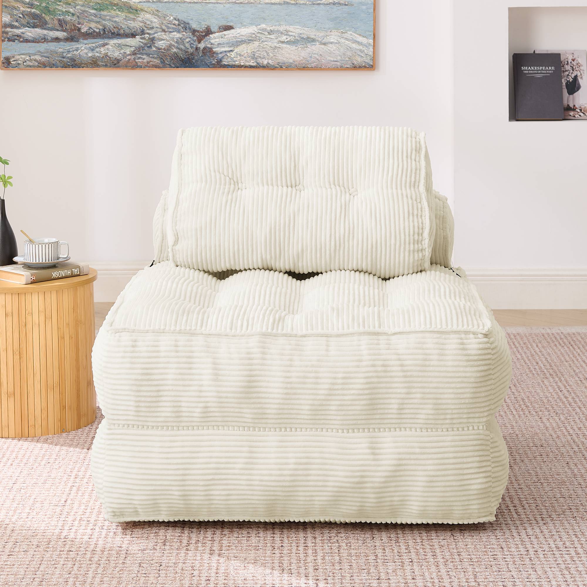 Fauteuil de Sol Pliable 2-en-1 en Cord, Dossier Réglable, Canapé Convertible et Lit d’Appoint pour Salon et Chambre, Beige - Image 6