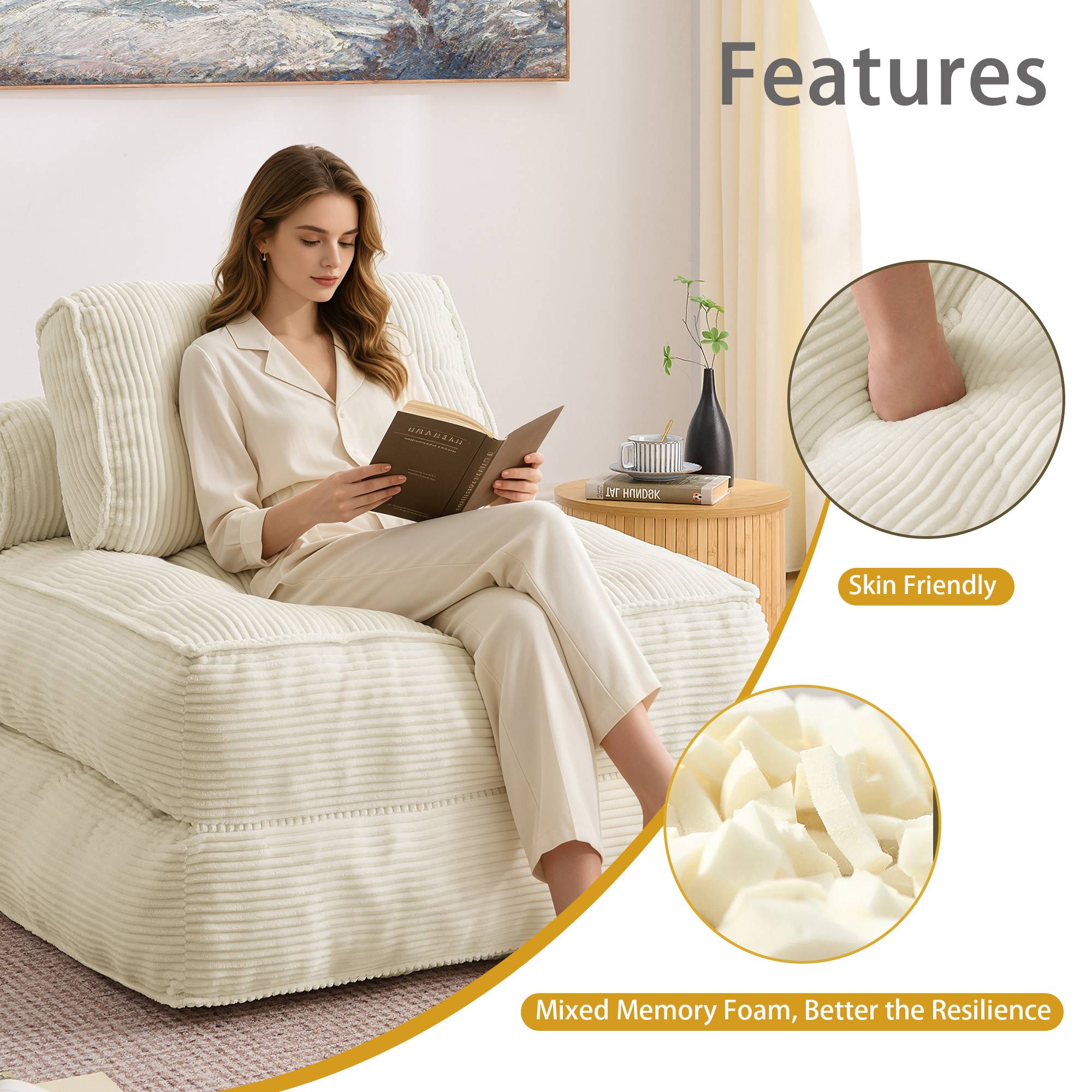 Fauteuil de Sol Pliable 2-en-1 en Cord, Dossier Réglable, Canapé Convertible et Lit d’Appoint pour Salon et Chambre, Beige - Image 3