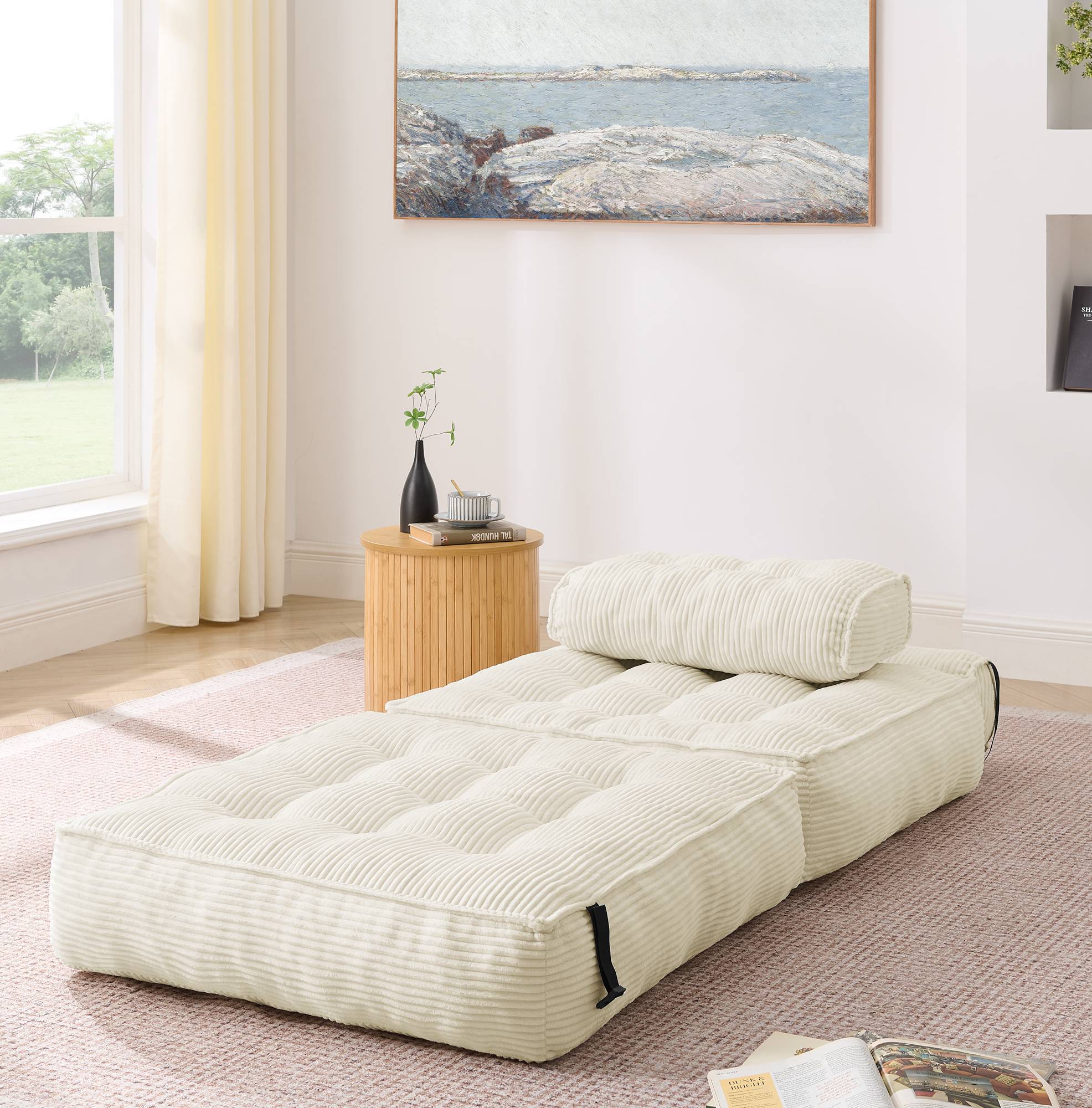 Fauteuil de Sol Pliable 2-en-1 en Cord, Dossier Réglable, Canapé Convertible et Lit d’Appoint pour Salon et Chambre, Beige - Image 9