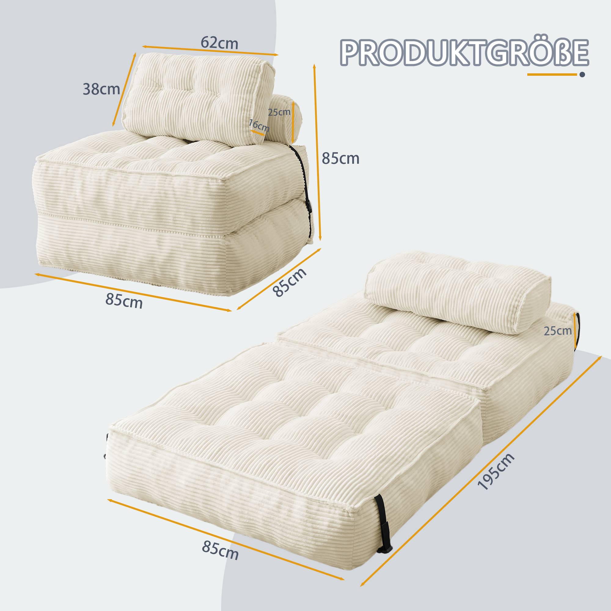 Fauteuil de Sol Pliable 2-en-1 en Cord, Dossier Réglable, Canapé Convertible et Lit d’Appoint pour Salon et Chambre, Beige - Image 7