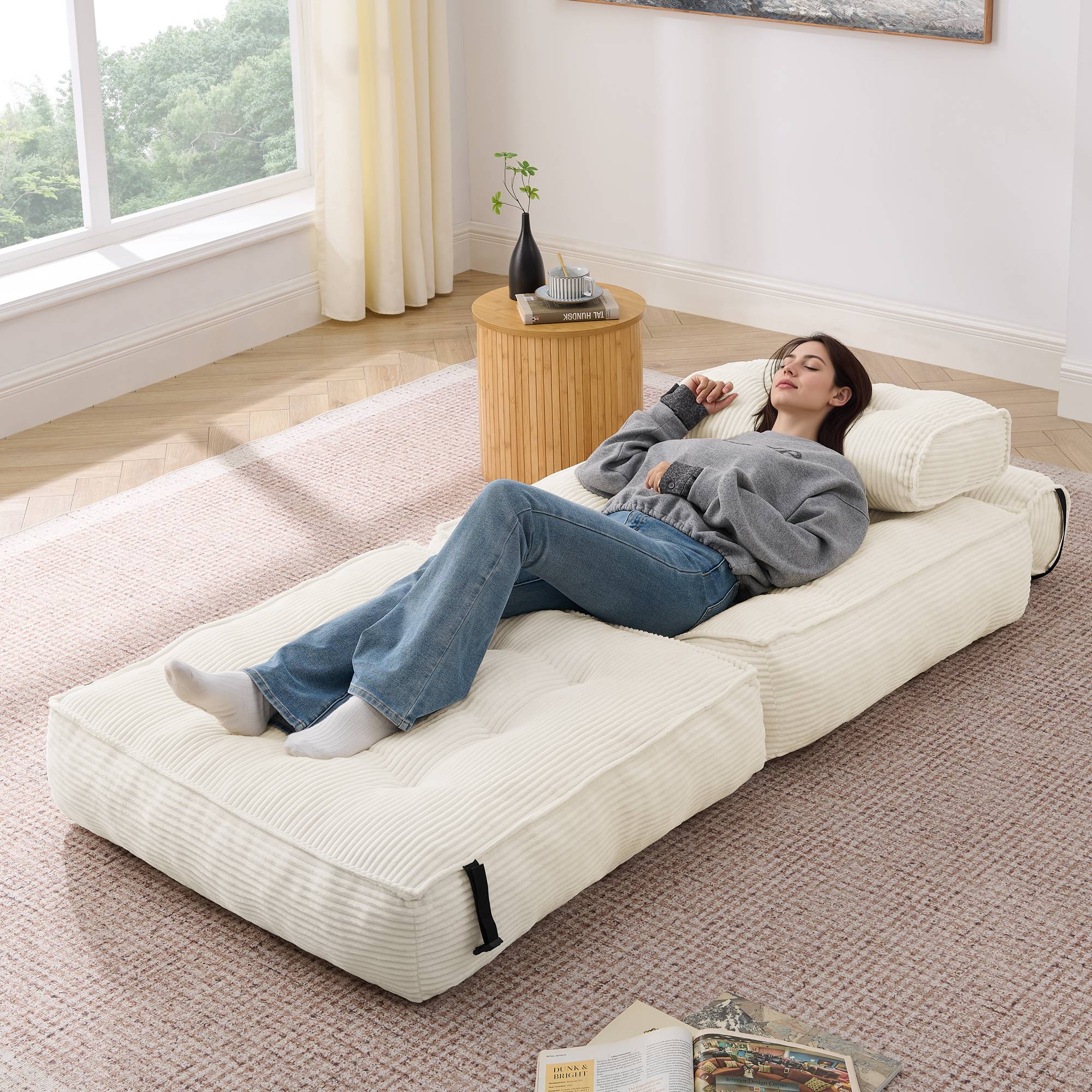 Fauteuil de Sol Pliable 2-en-1 en Cord, Dossier Réglable, Canapé Convertible et Lit d’Appoint pour Salon et Chambre, Beige - Image 8