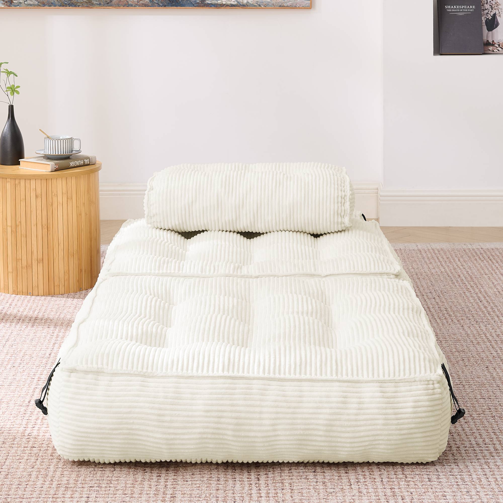 Fauteuil de Sol Pliable 2-en-1 en Cord, Dossier Réglable, Canapé Convertible et Lit d’Appoint pour Salon et Chambre, Beige - Image 10